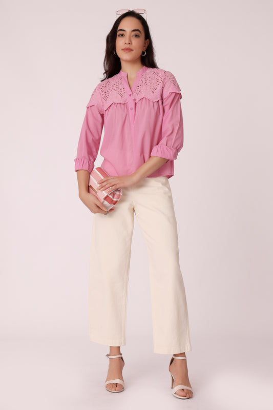 women schiffli lace yoke button-down shirt - extra image 3