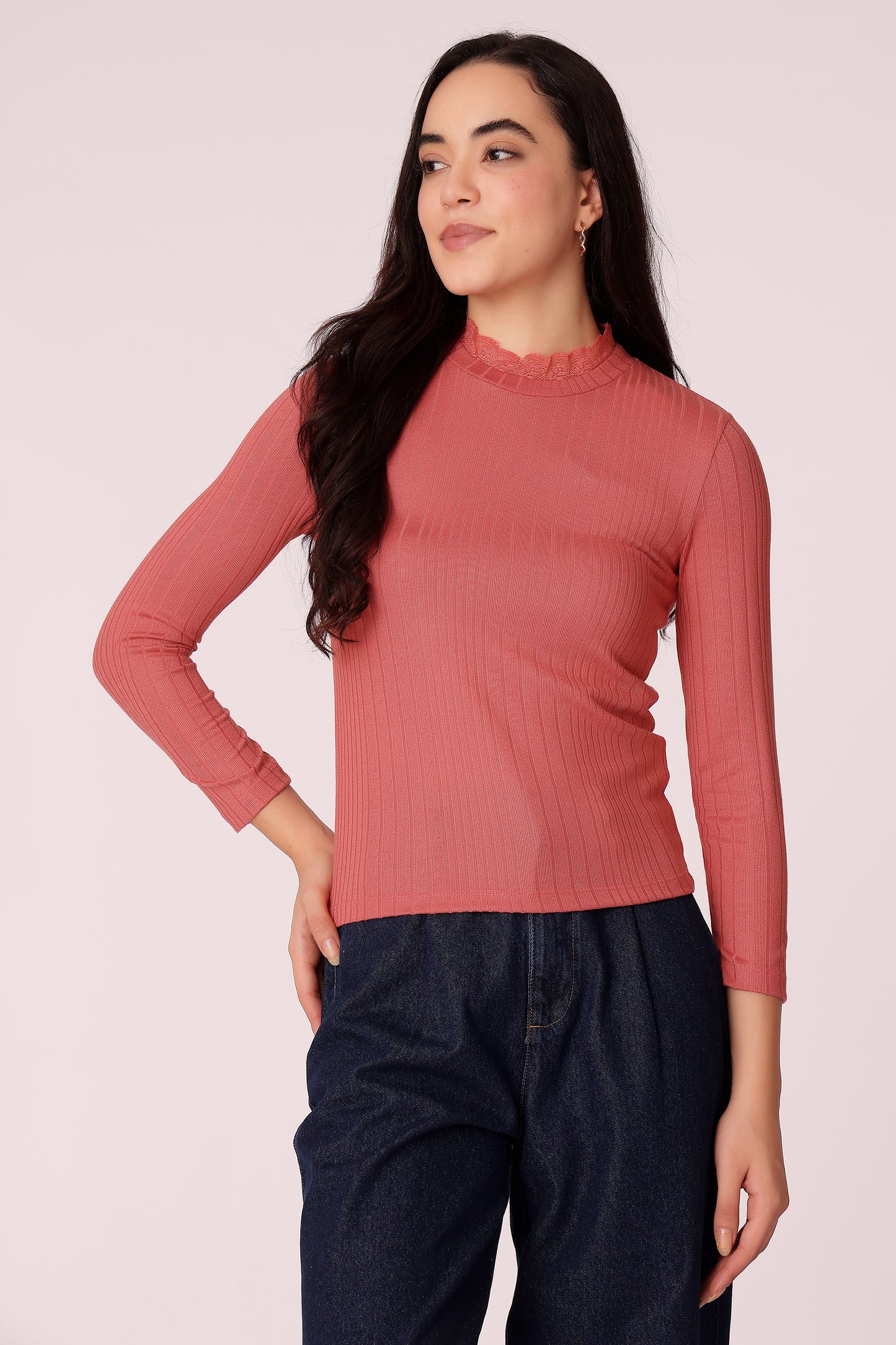 women rib knit high neck top - Coral