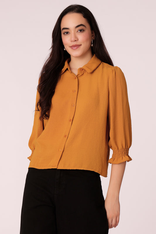 women  collared shirt with puff sleeves - Mustard