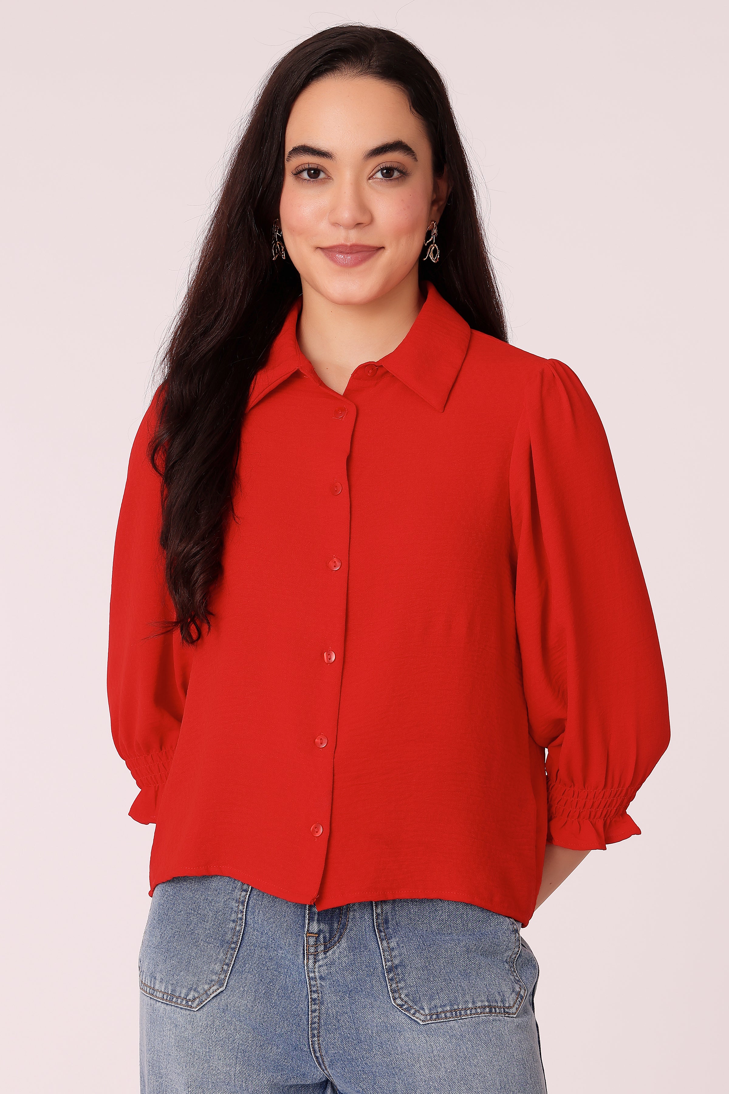 women  collared shirt with puff sleeves - Red