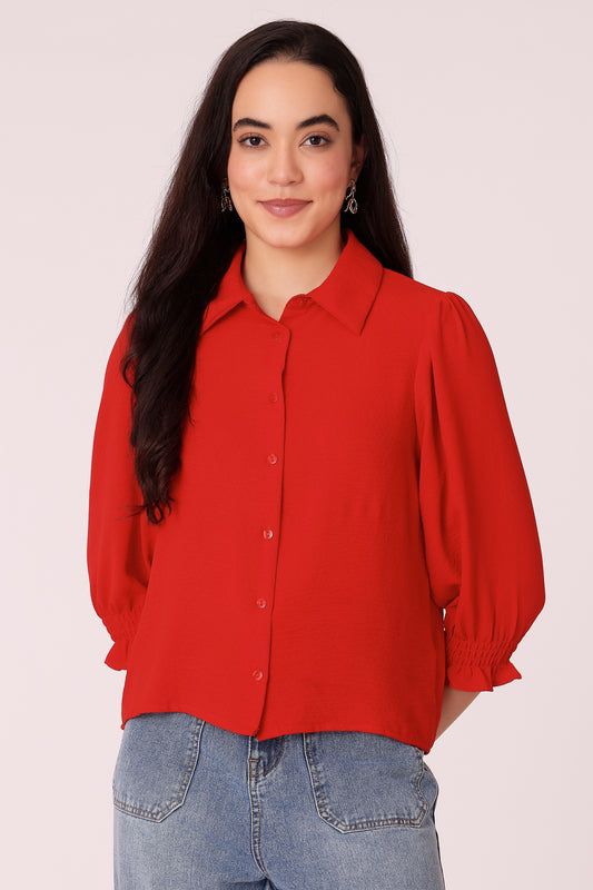 women  collared shirt with puff sleeves - Red