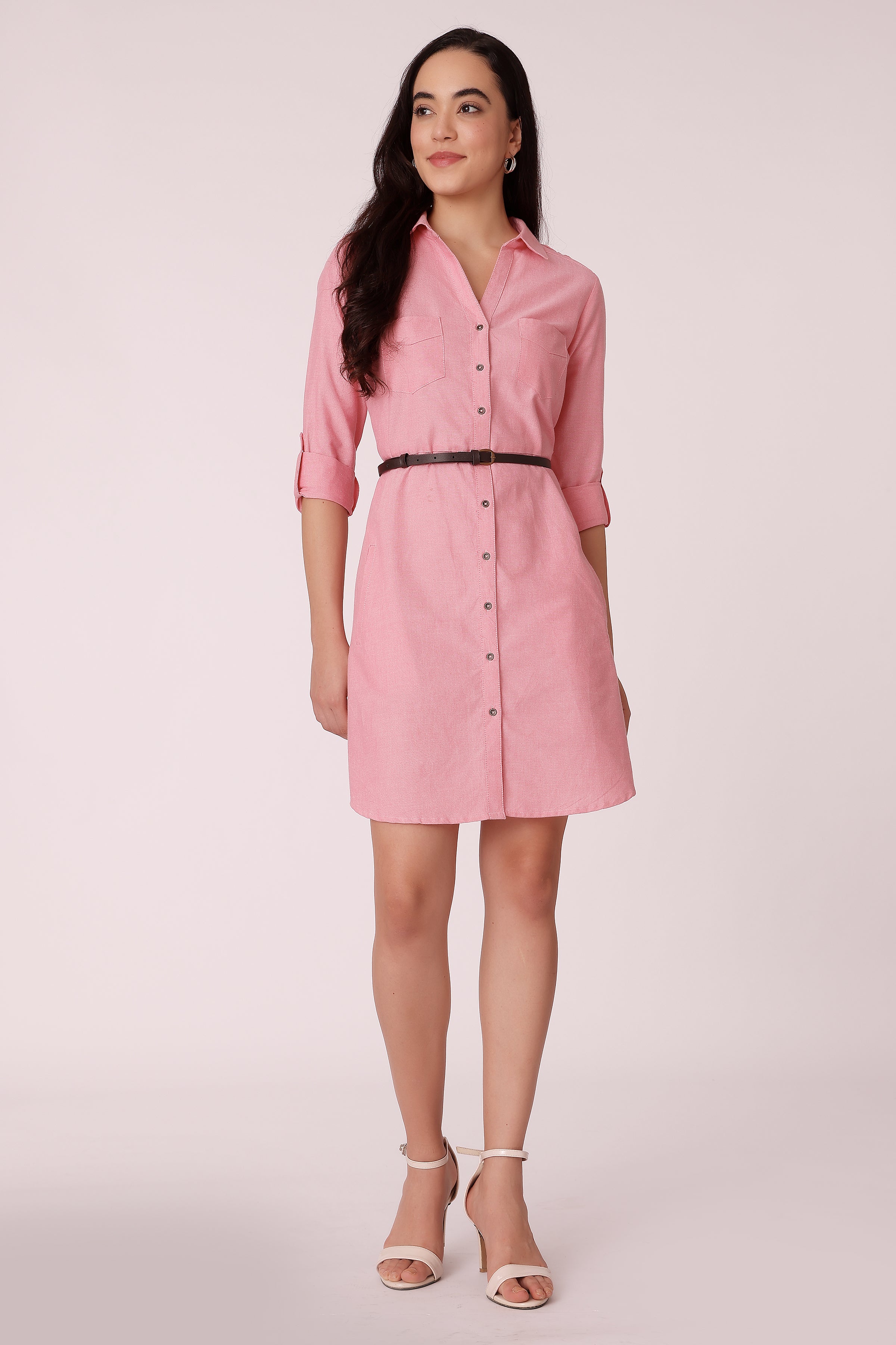 casual belted tunic dress - Pink