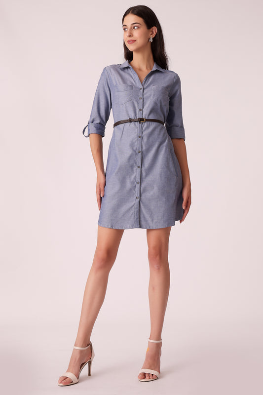 casual belted tunic dress - Blue