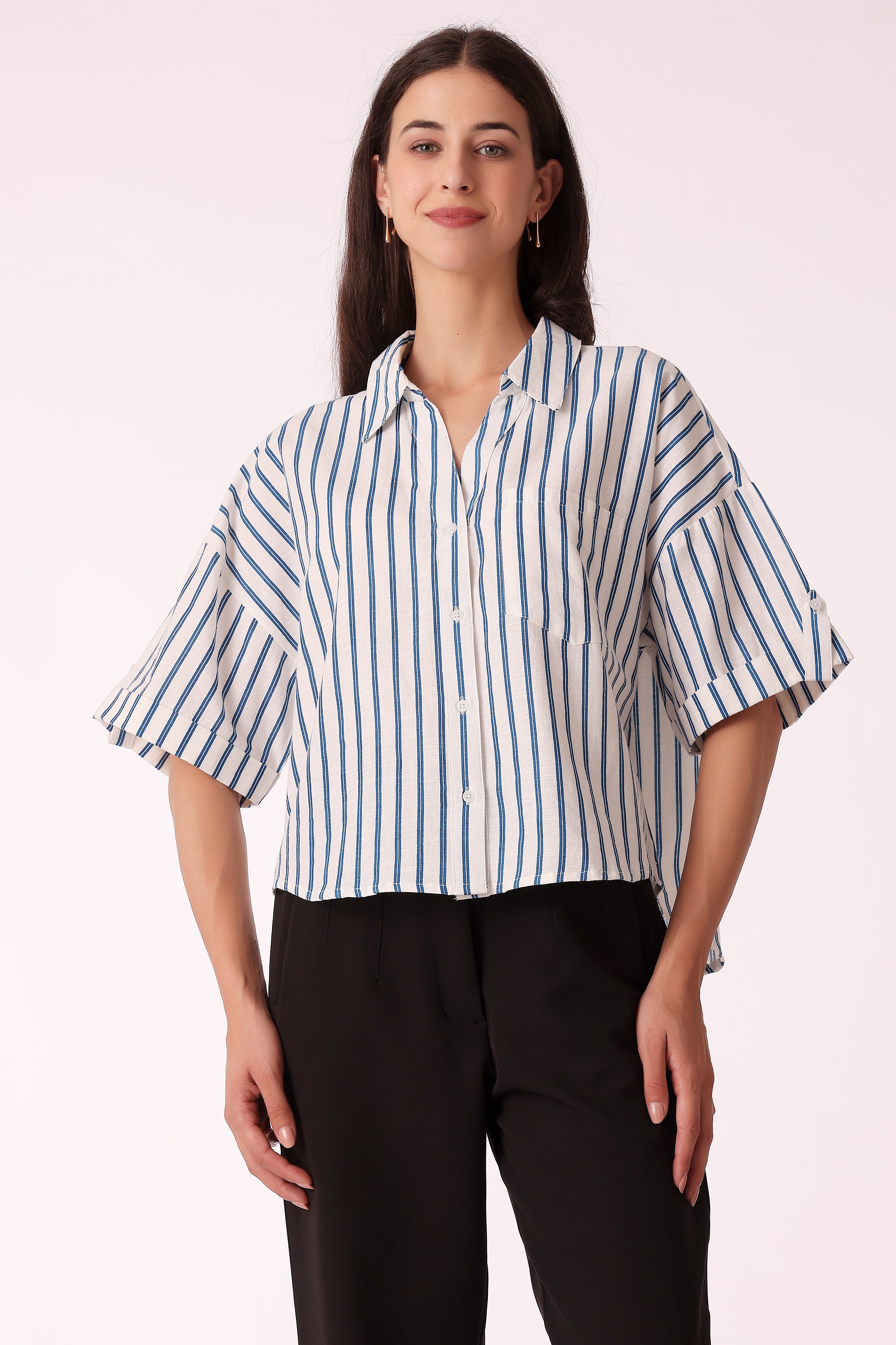 women relaxed fit striped cotton shirt - Blue