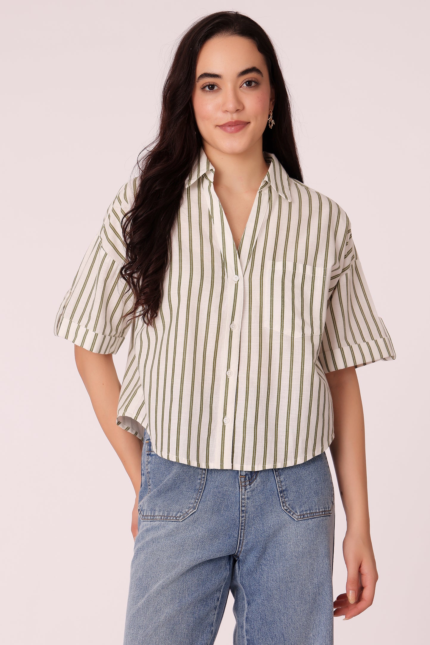 women relaxed fit striped cotton shirt - Olive
