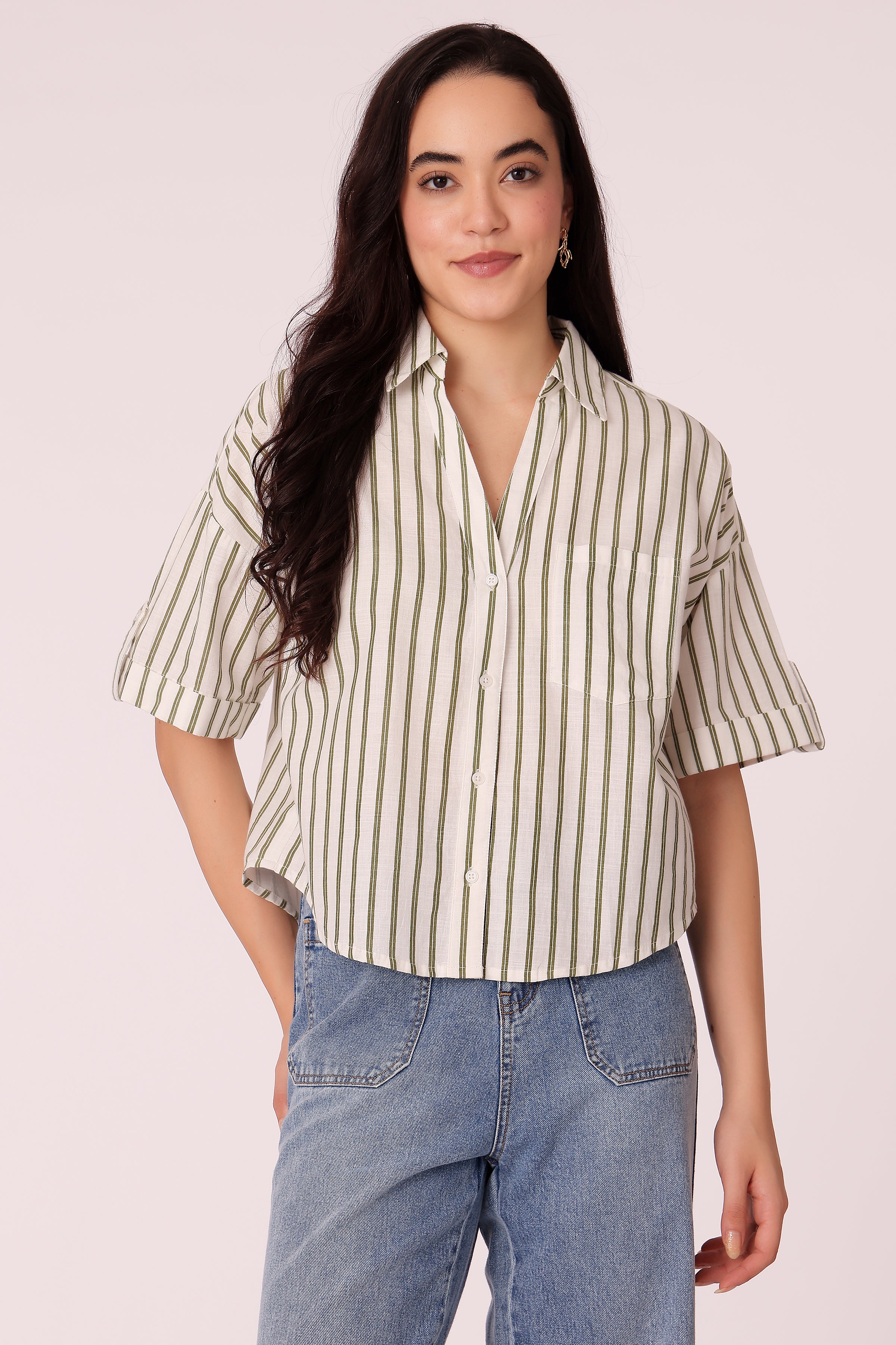 women relaxed fit striped cotton shirt - Olive