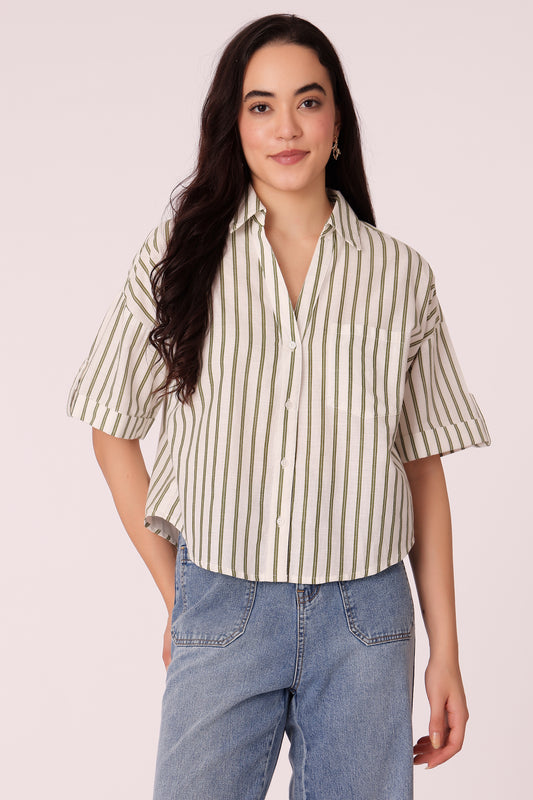 women relaxed fit striped cotton shirt - Olive