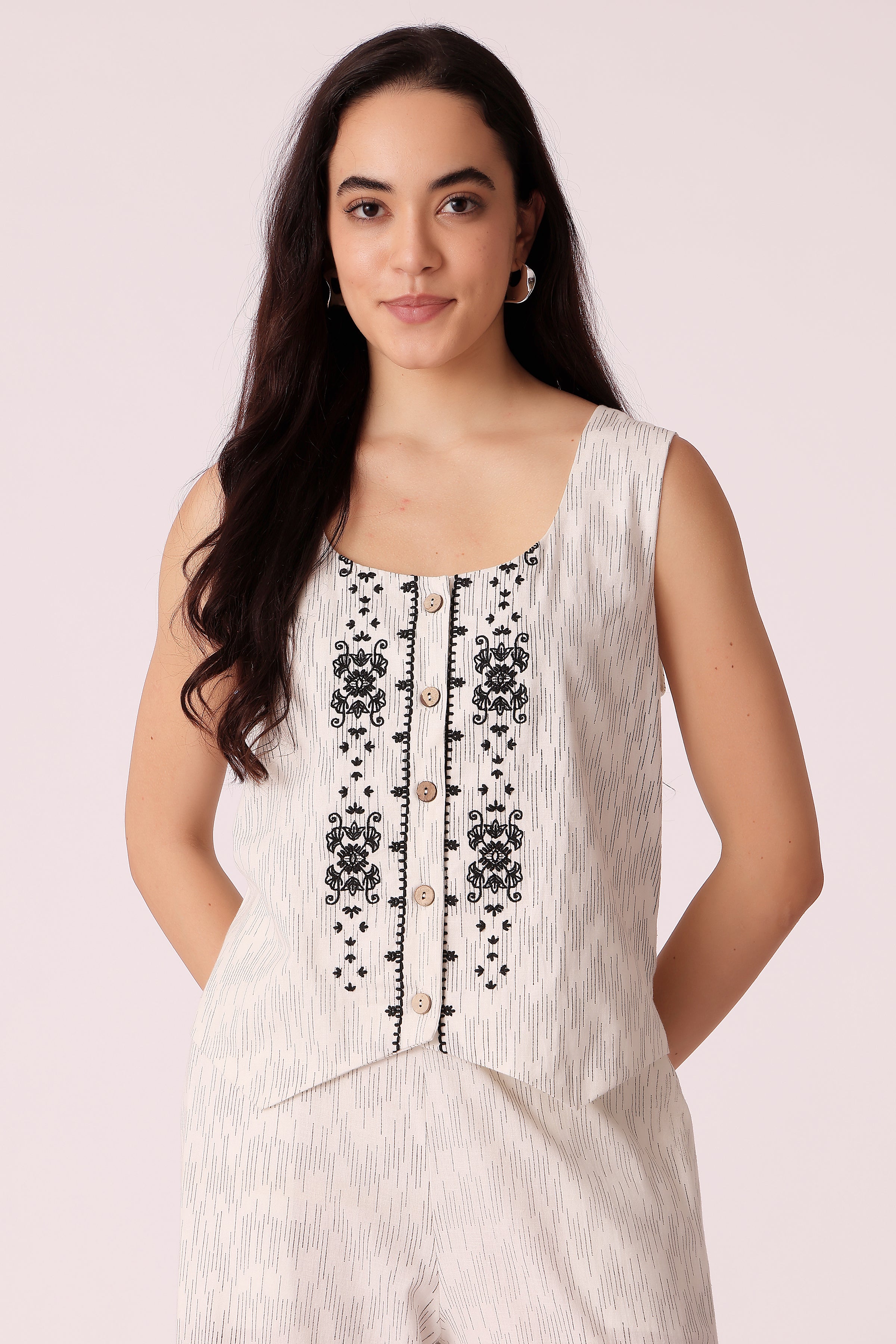 womens embroidered cotton waistcoat - Off White