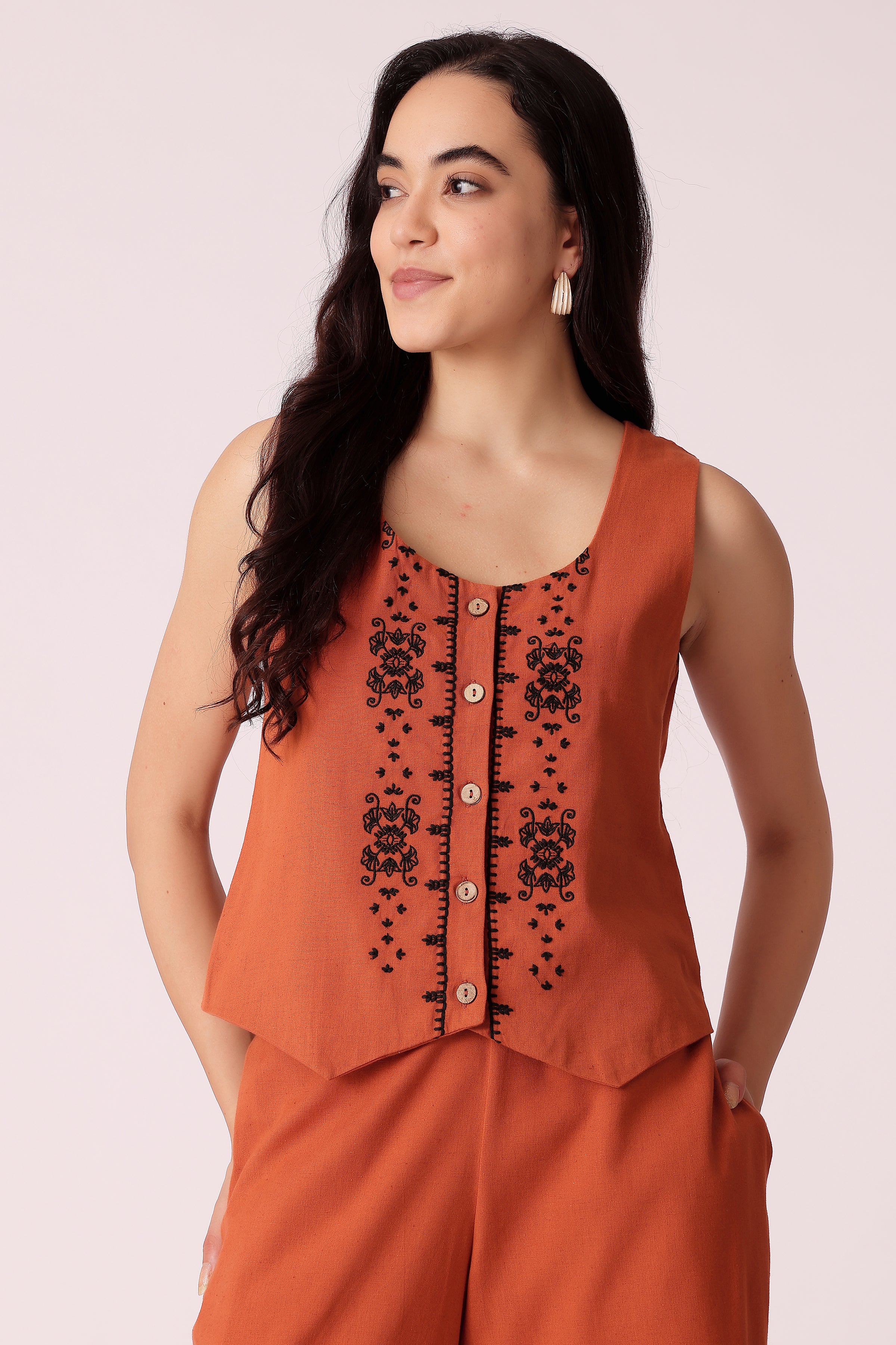 womens embroidered cotton waistcoat - Rust