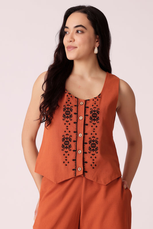 womens embroidered cotton waistcoat - Rust