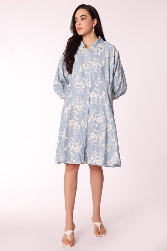 women printed button down dress - Blue