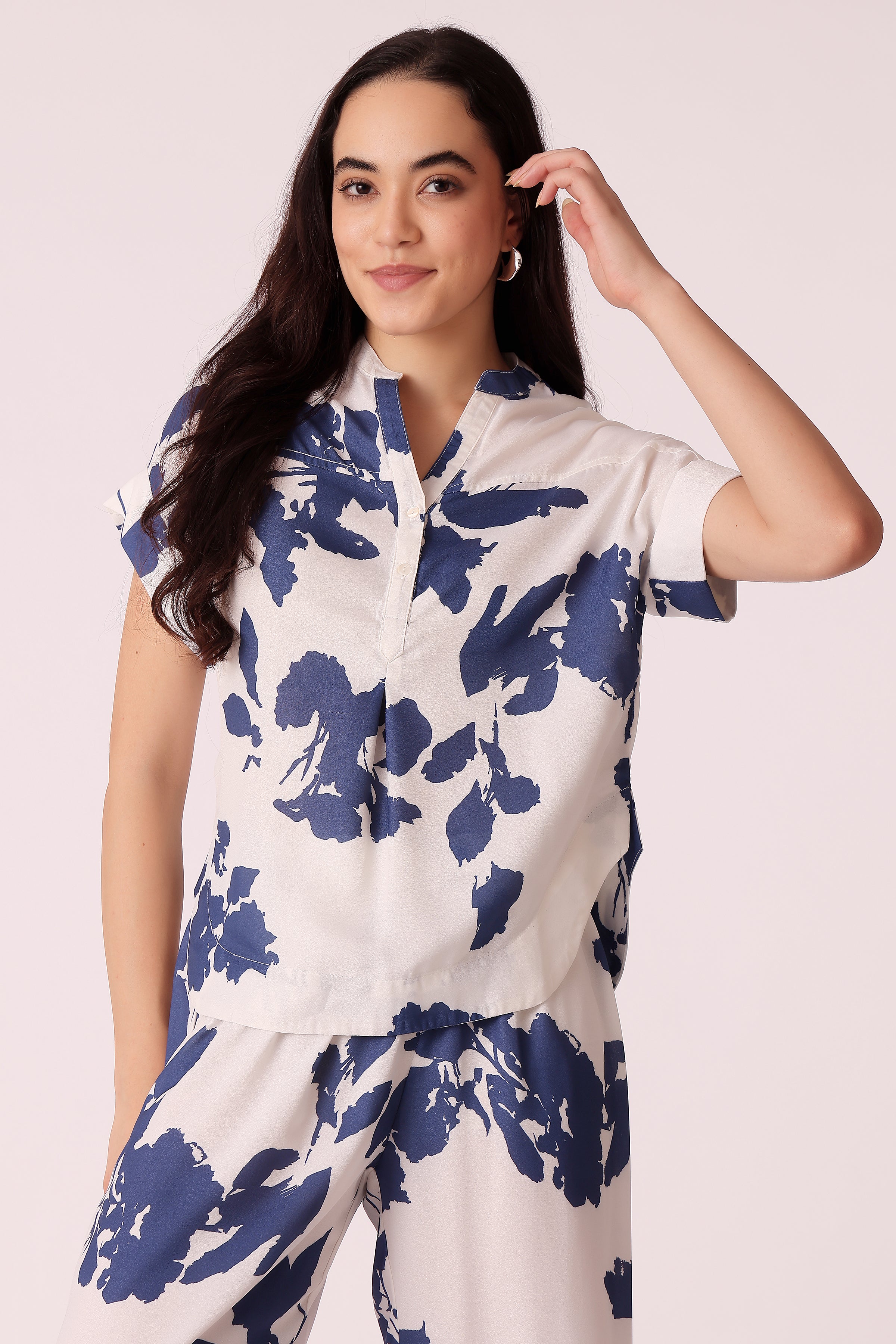 womens relaxed fit printed shirt - Navy