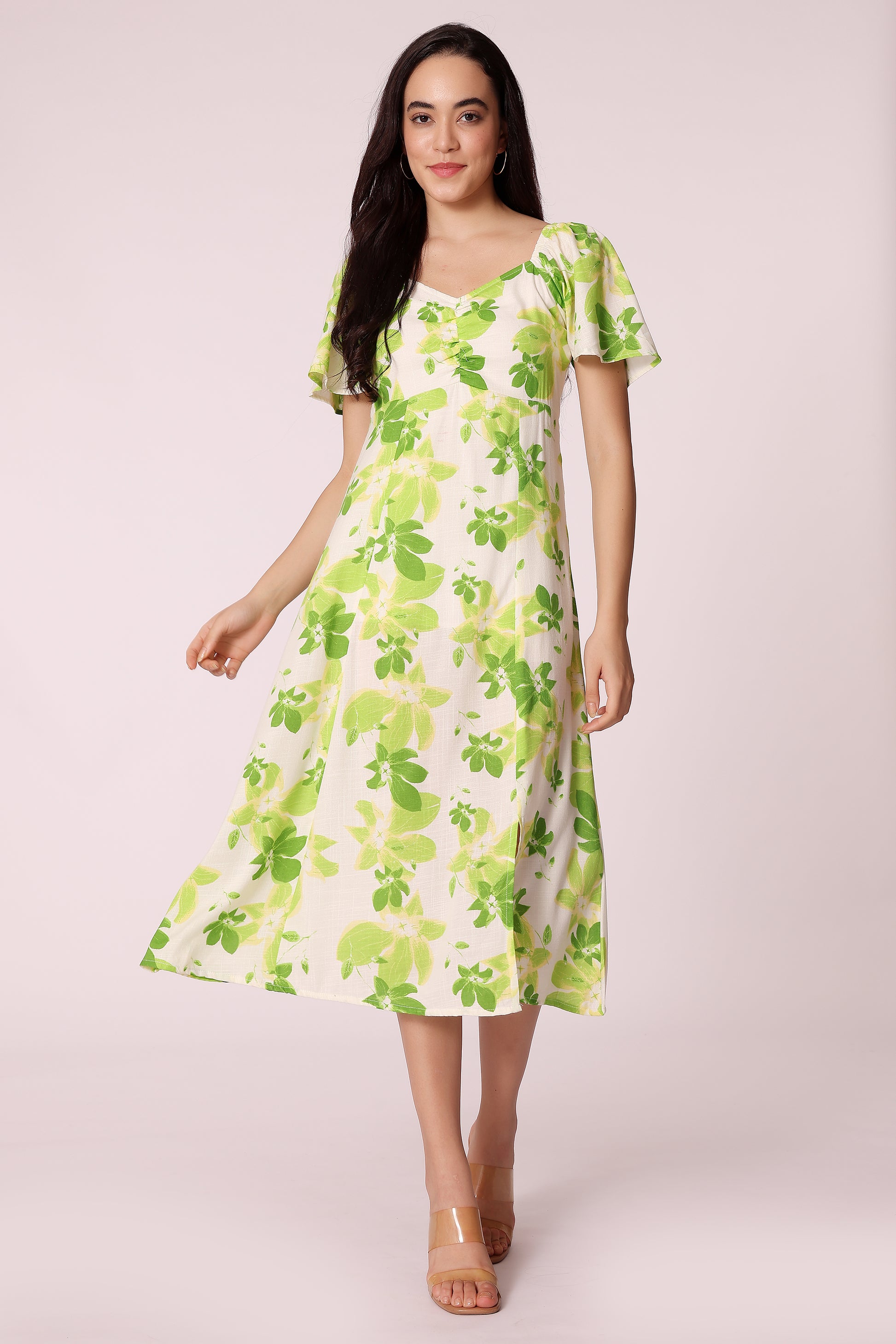 women square neck puff sleeve floral dress - Green