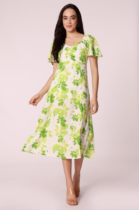 women square neck puff sleeve floral dress - Green