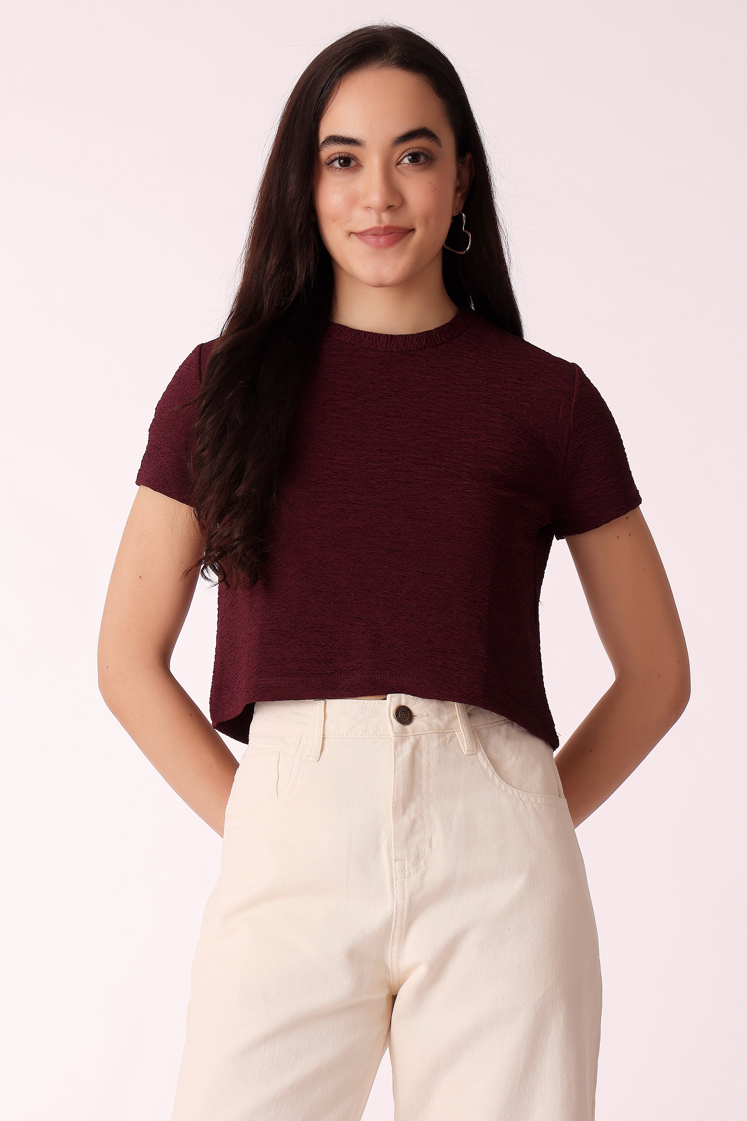 womens textured crop tee - Wine