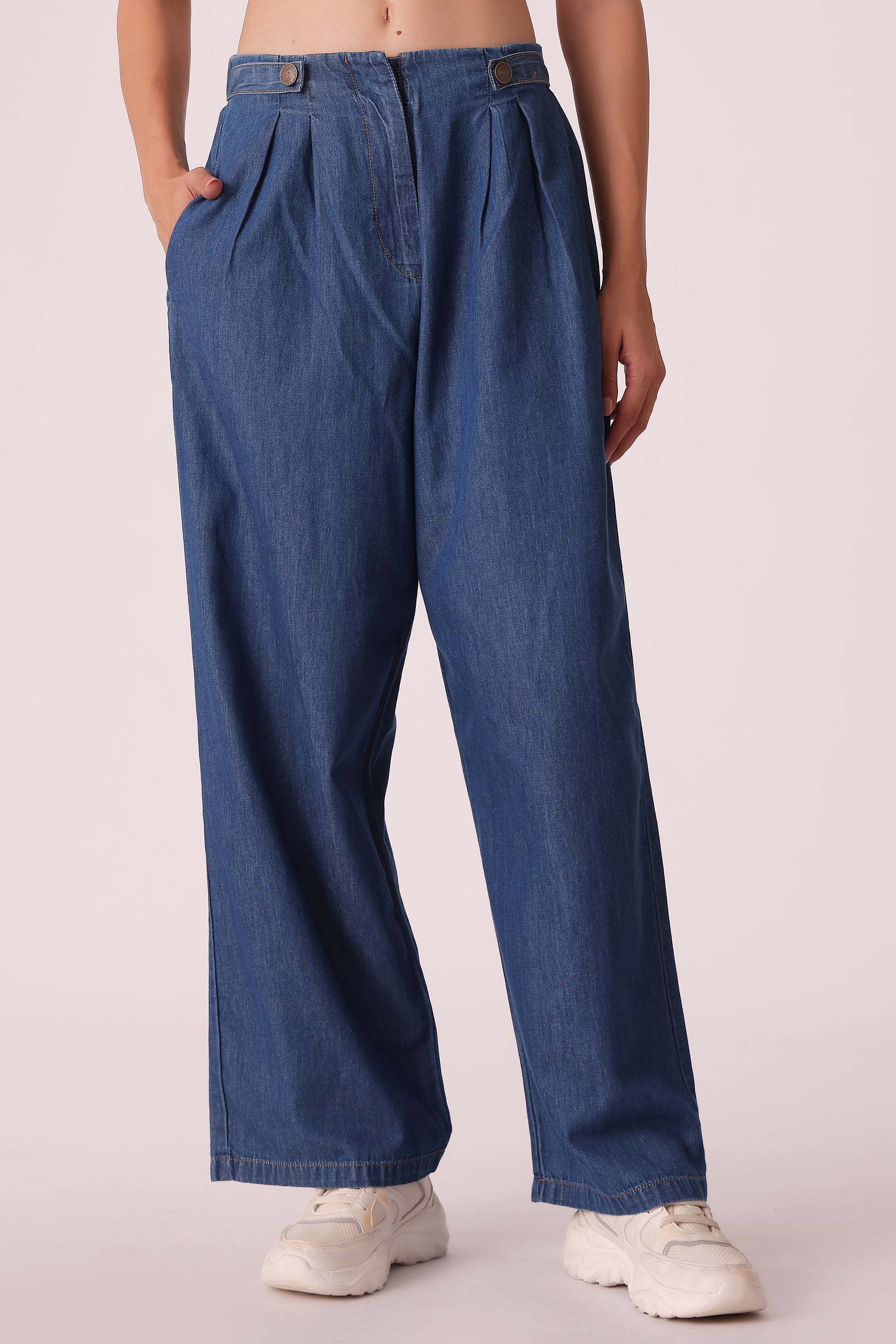 pleated loose trousers - Mid Blue