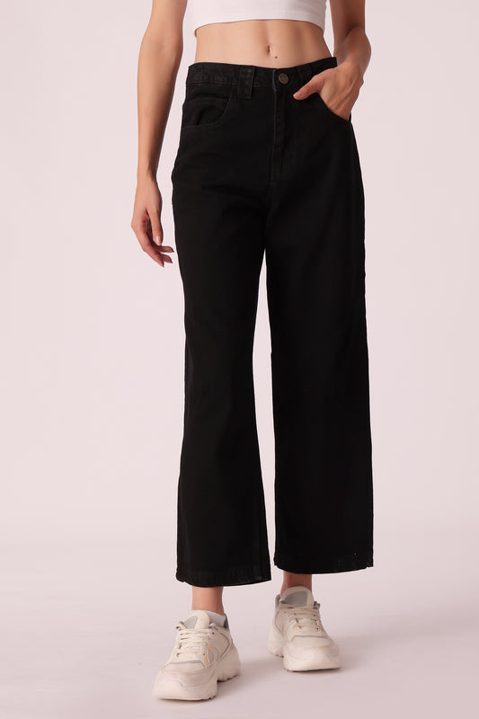 women baggy barrel fit jeans - Jet Black