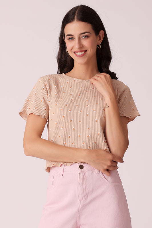womens ribbed all over top - Beige