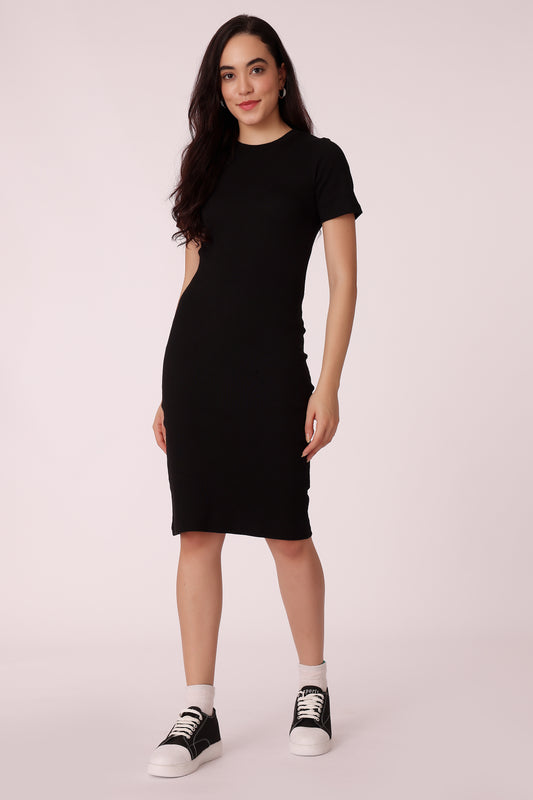 solid rib knit fitted dress - Black