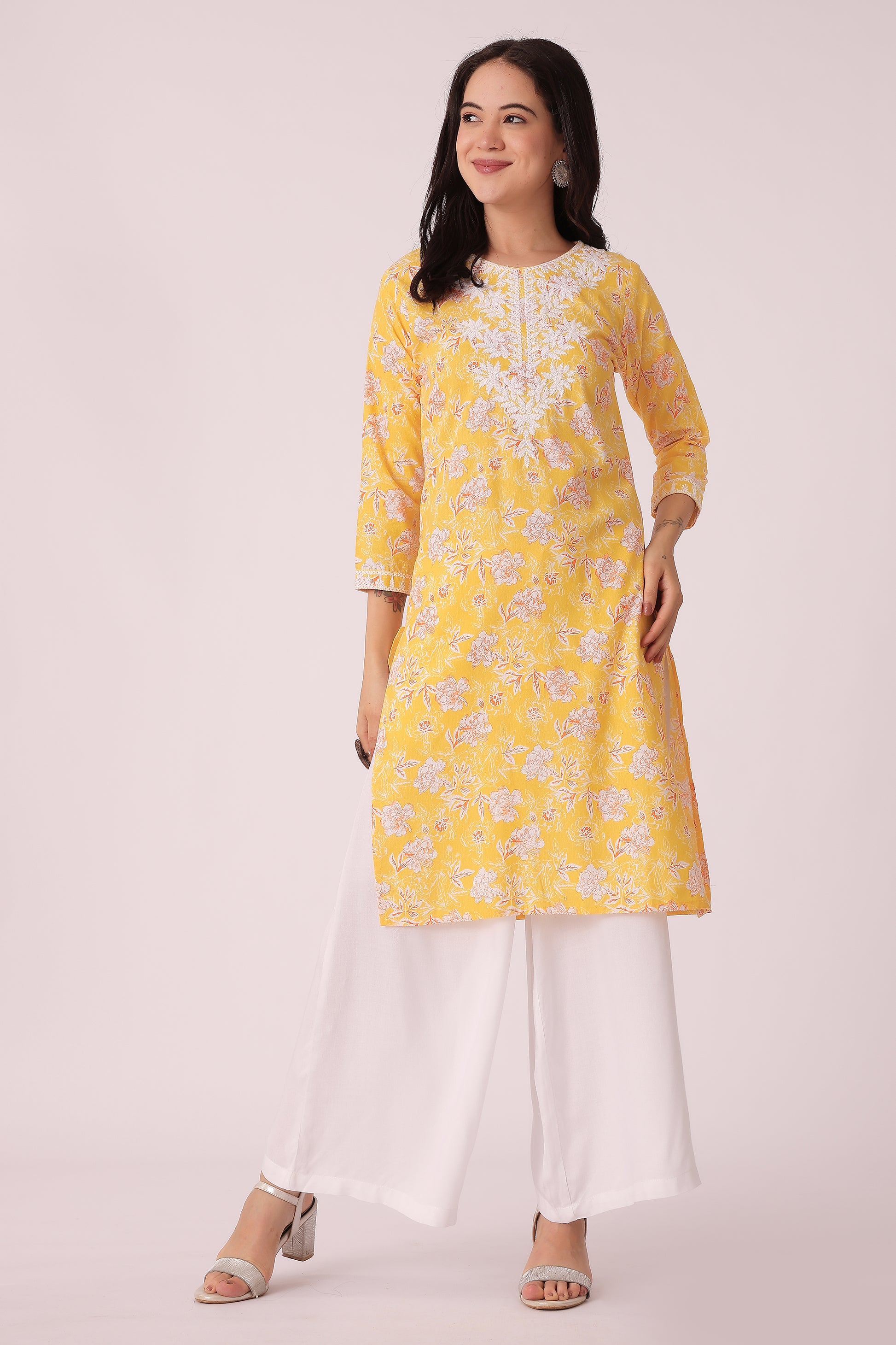 ETHNIC REGULAR FIT ALL OVER PRINT KURTA - Yellow