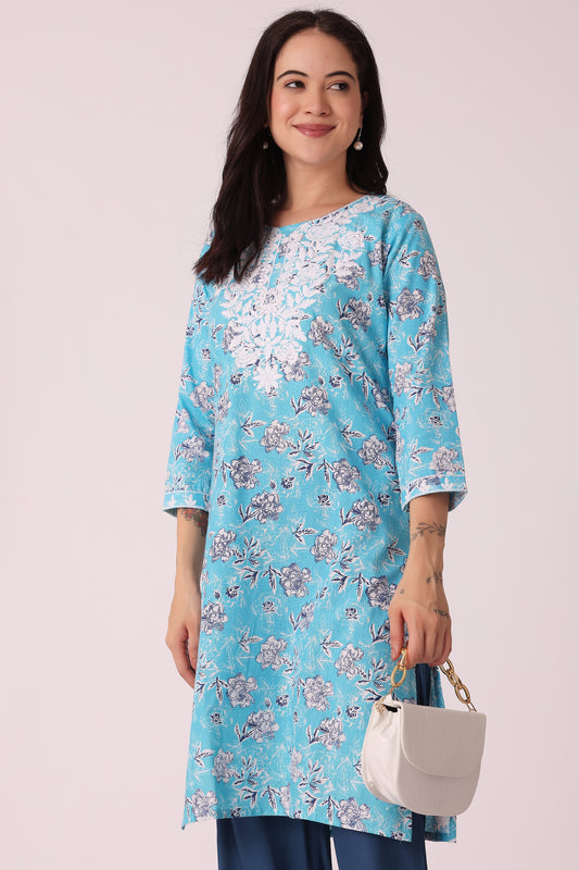 ETHNIC REGULAR FIT ALL OVER PRINT KURTA - Blue