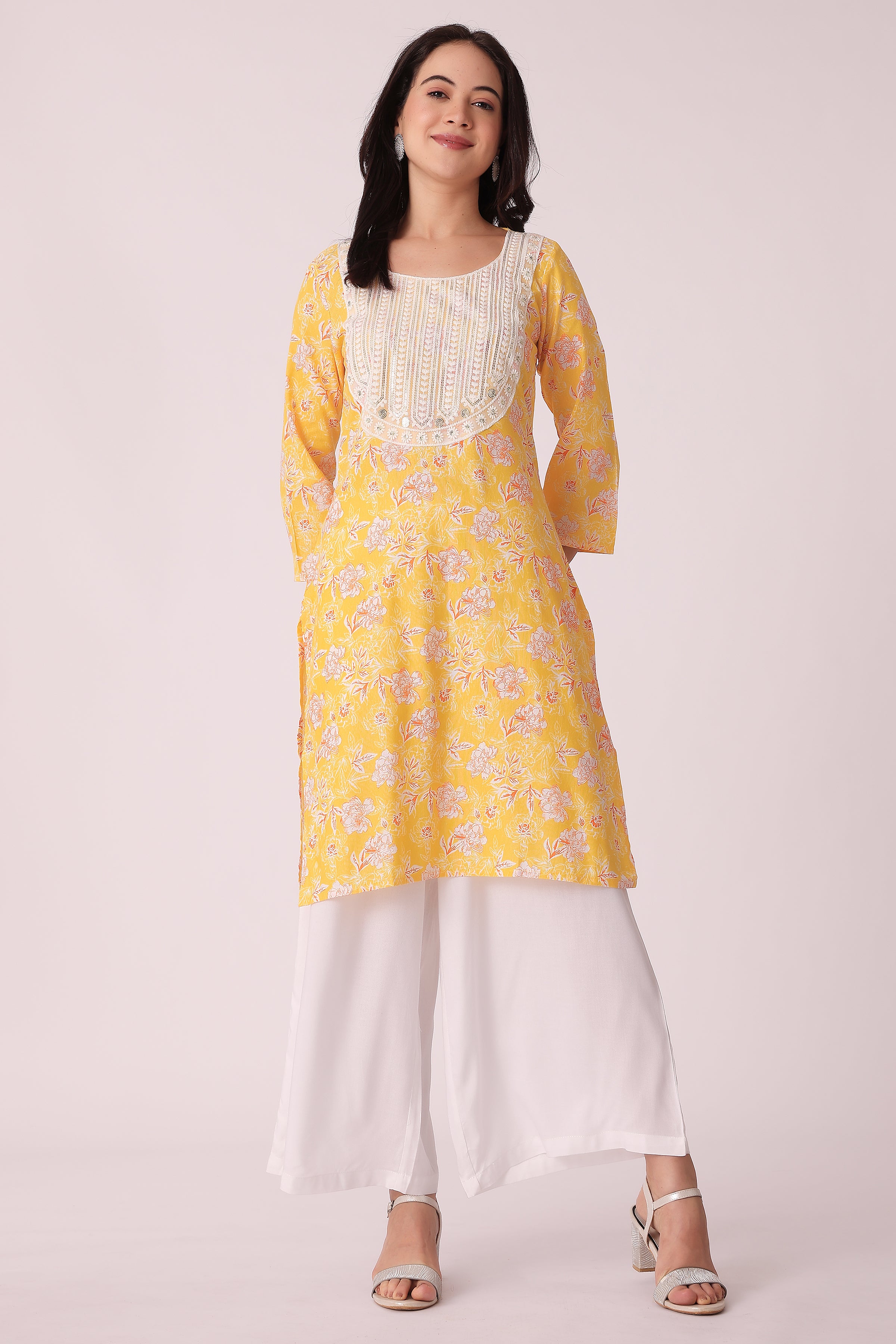 ETHNIC REGULAR FIT ALL OVER PRINT KURTA - Yellow