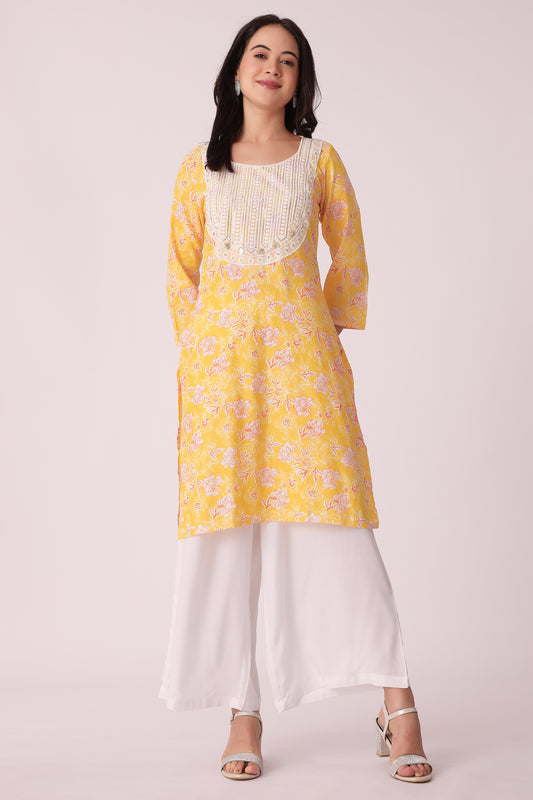 ETHNIC REGULAR FIT ALL OVER PRINT KURTA - Yellow