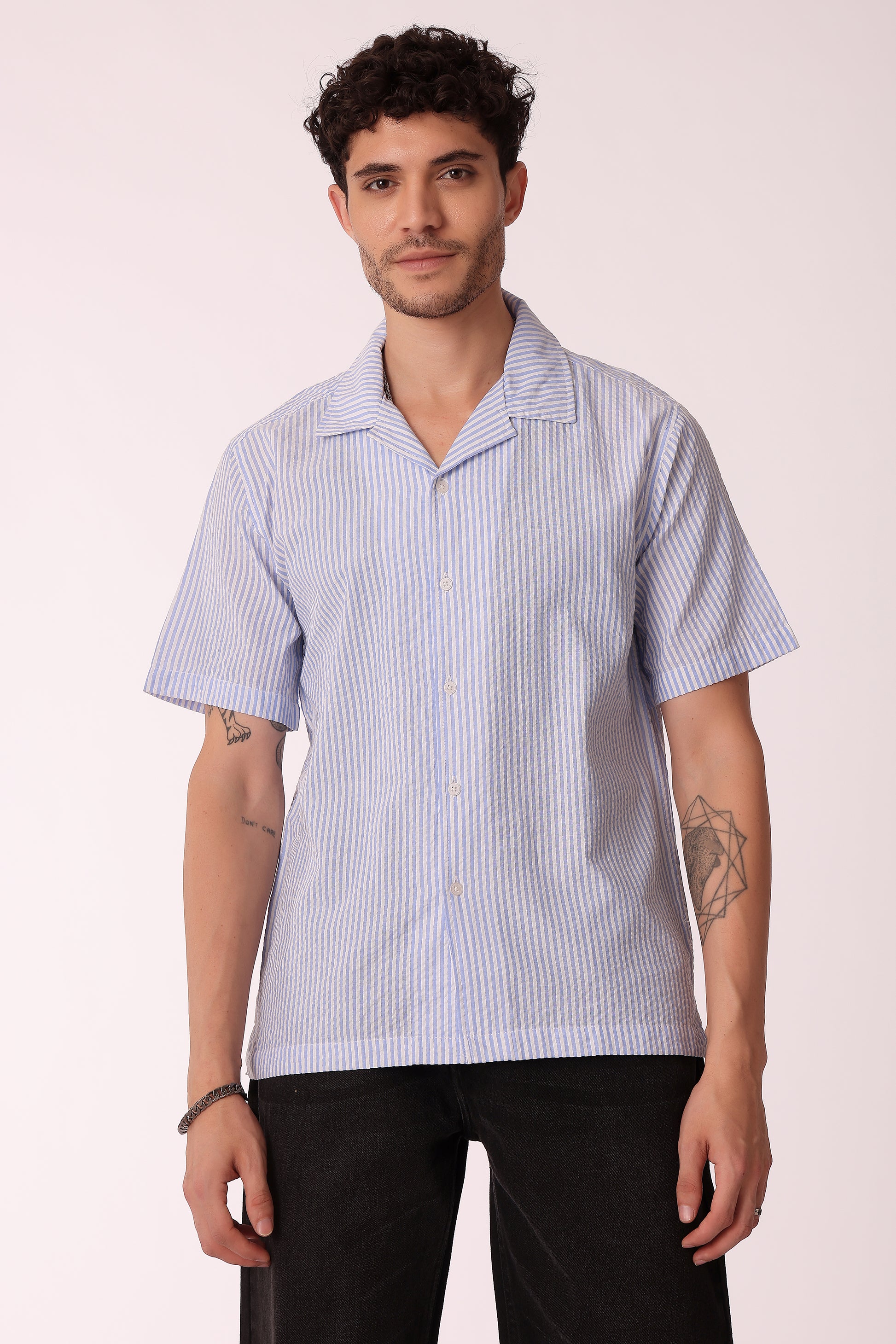 Men's Stripe Seersucker Shirt Half Sleeve - Sky Blue