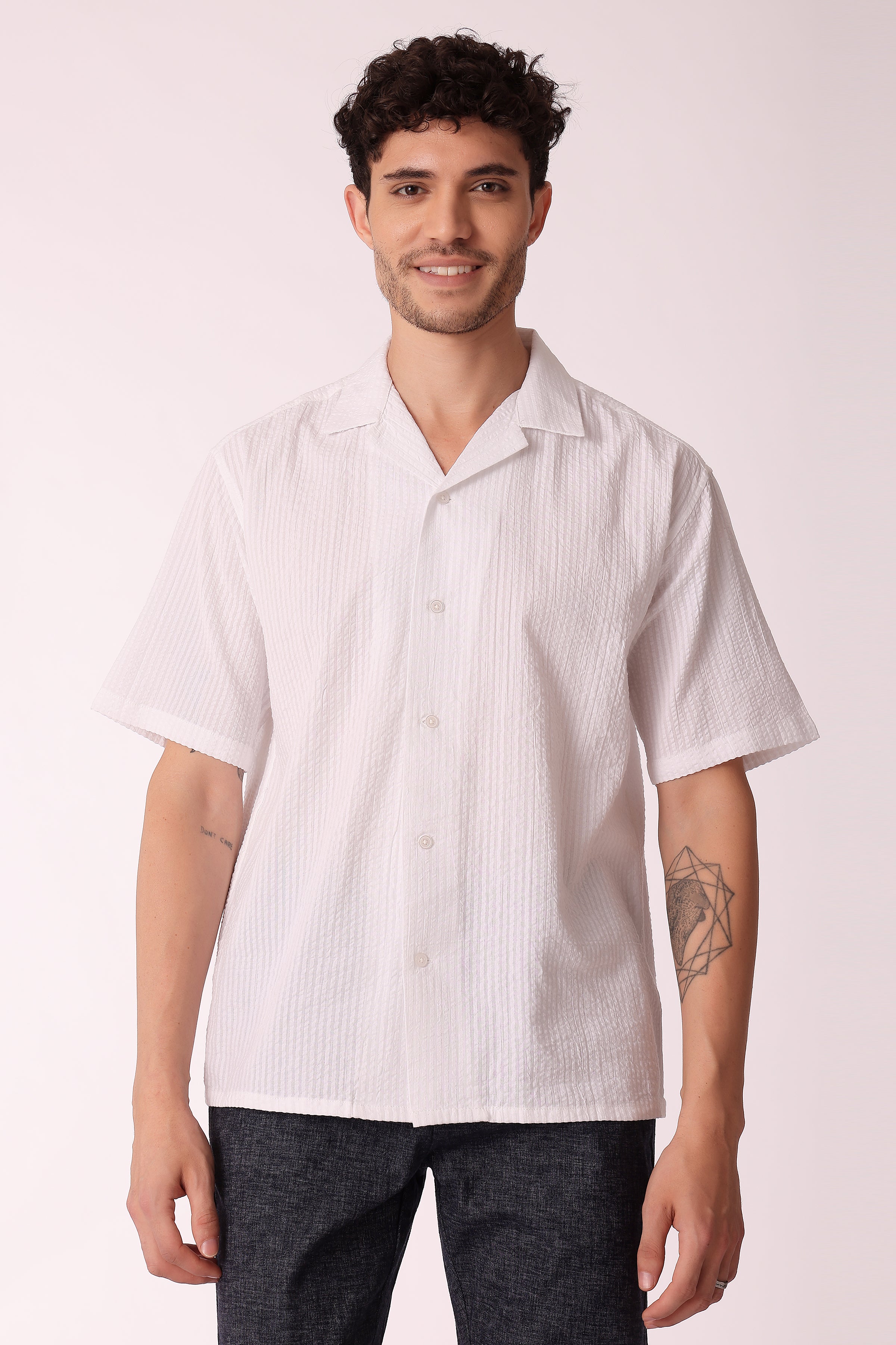 Men's Solid Seersucker Shirt Half Sleeve - White