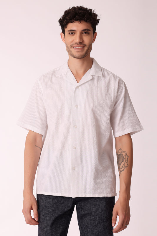 Men's Solid Seersucker Shirt Half Sleeve - White