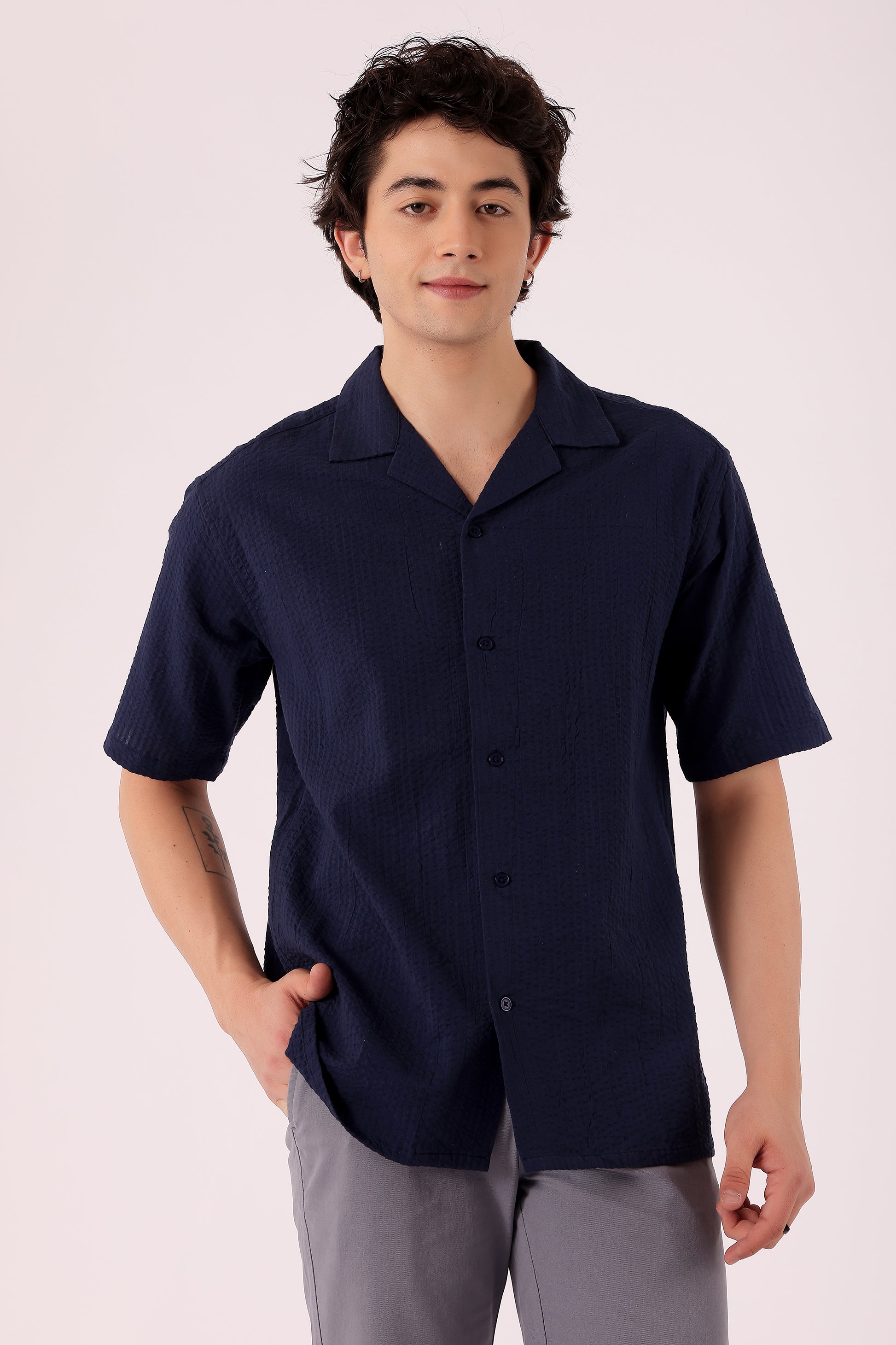 Men's Solid Seersucker Shirt Half Sleeve - Navy