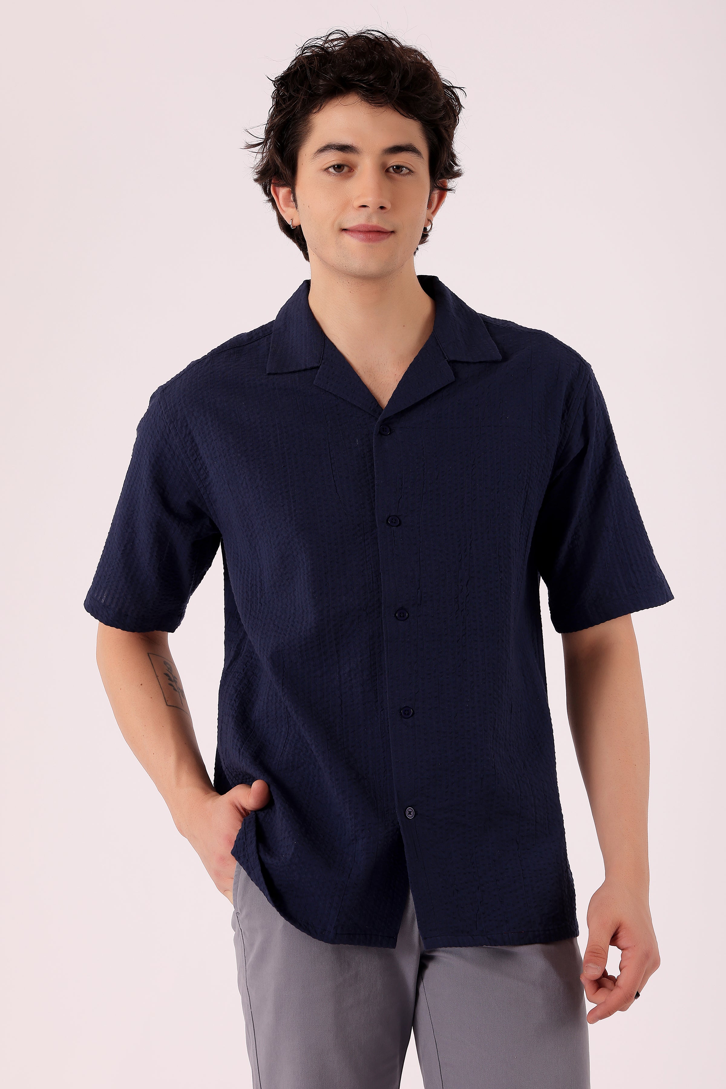 Men's Solid Seersucker Shirt Half Sleeve - Navy