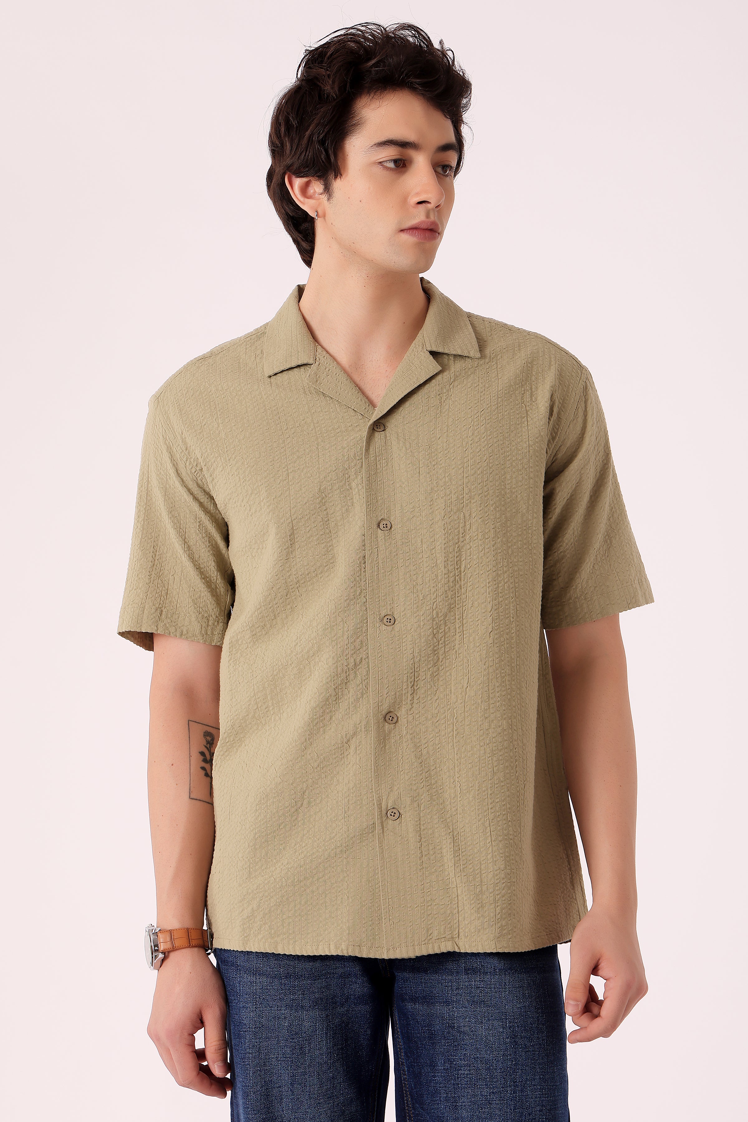 Men's Solid Seersucker Shirt Half Sleeve - Sage Green