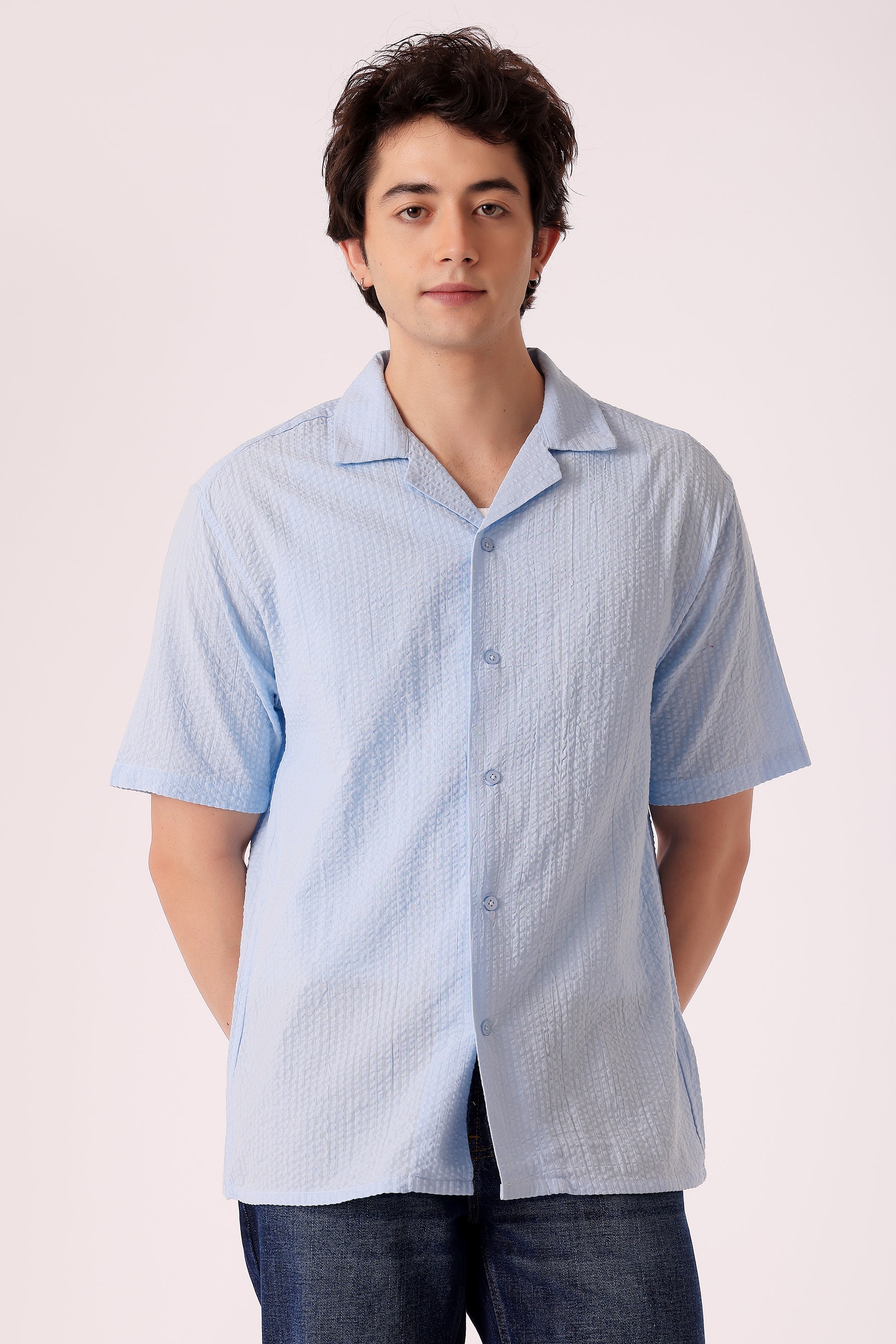 Men's Solid Seersucker Shirt Half Sleeve - Sky Blue