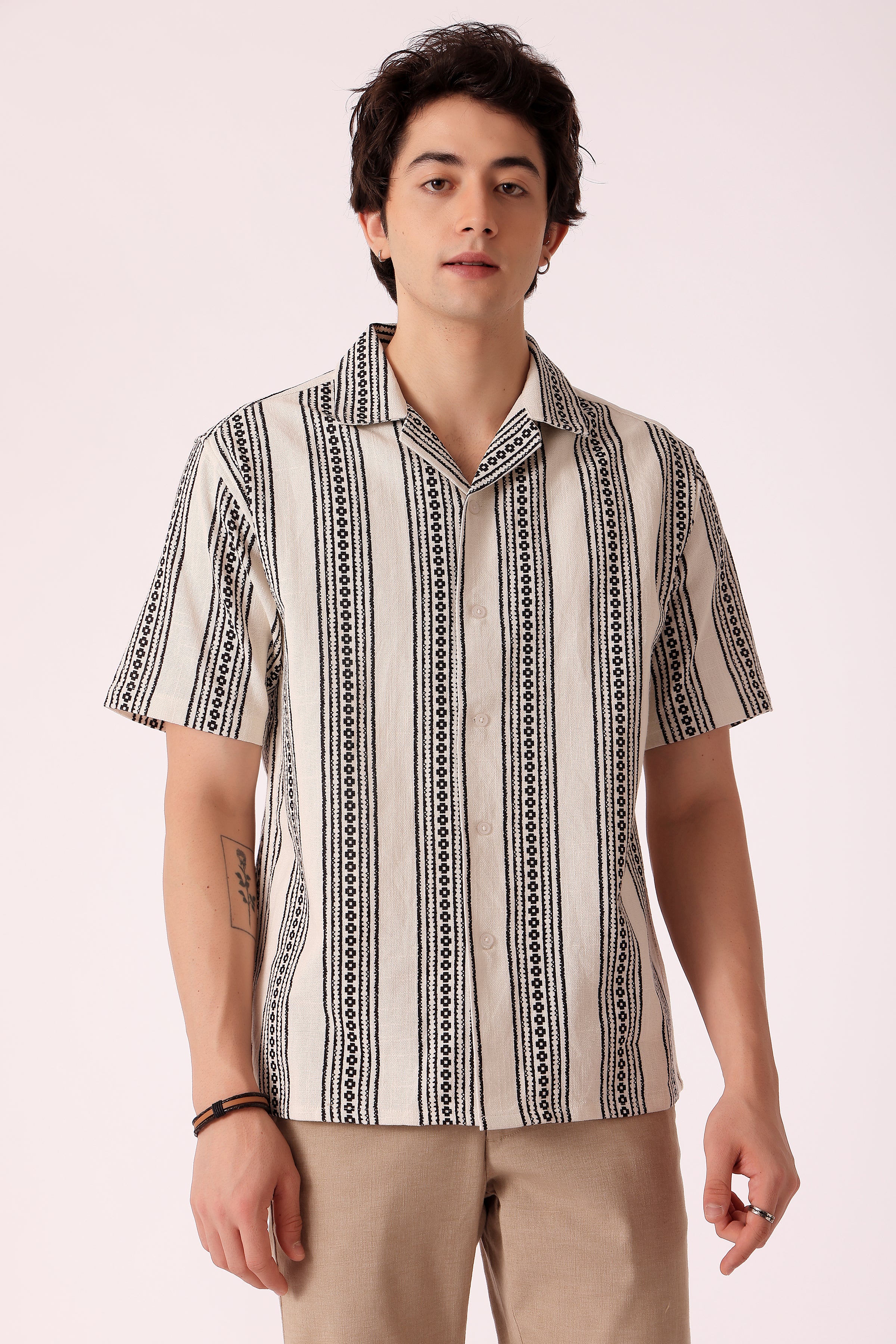 Men's Printed stripes shirt half sleeves - Black