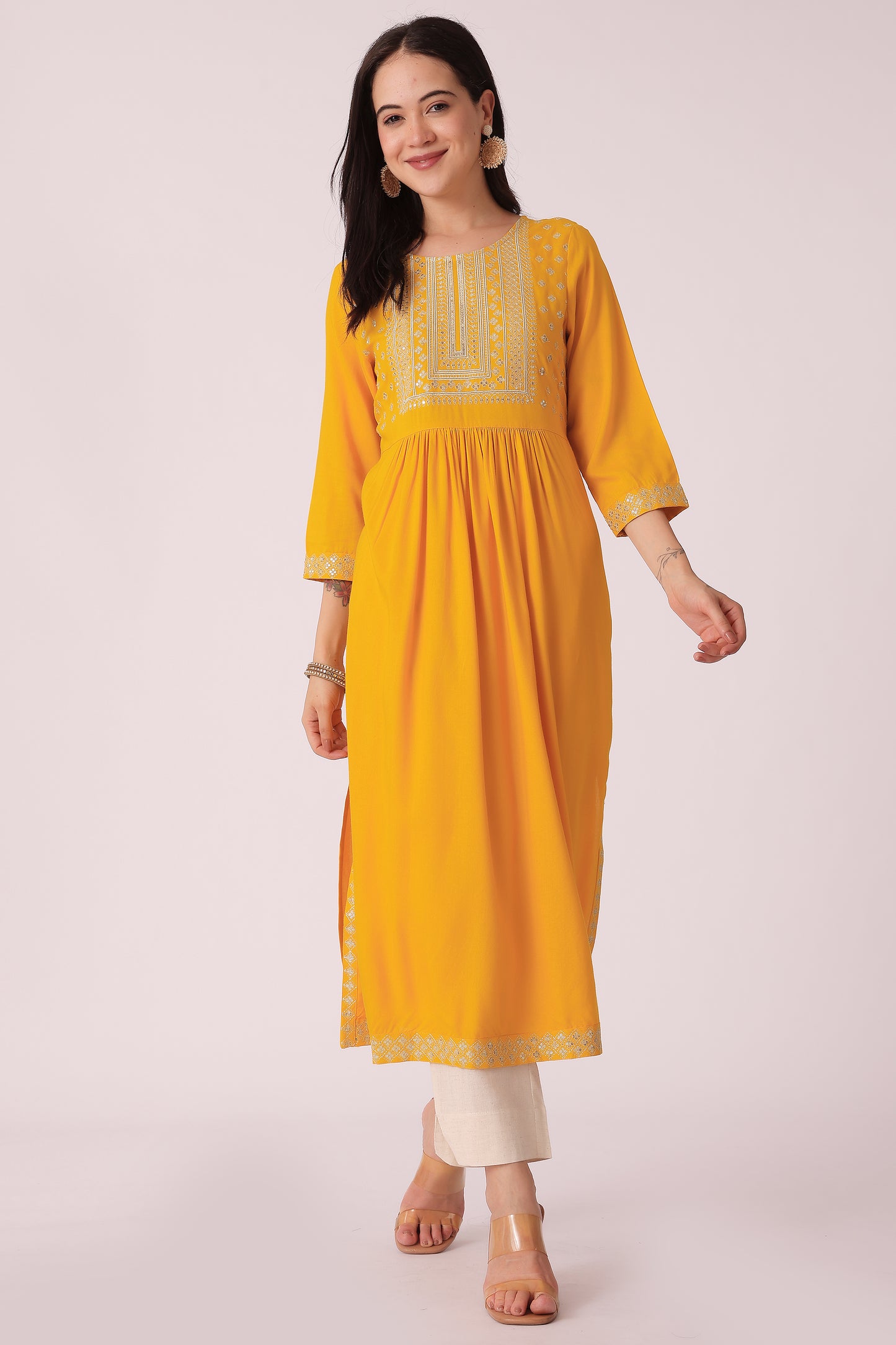ETHNIC A LINE EMBROIDERY KURTA - Yellow