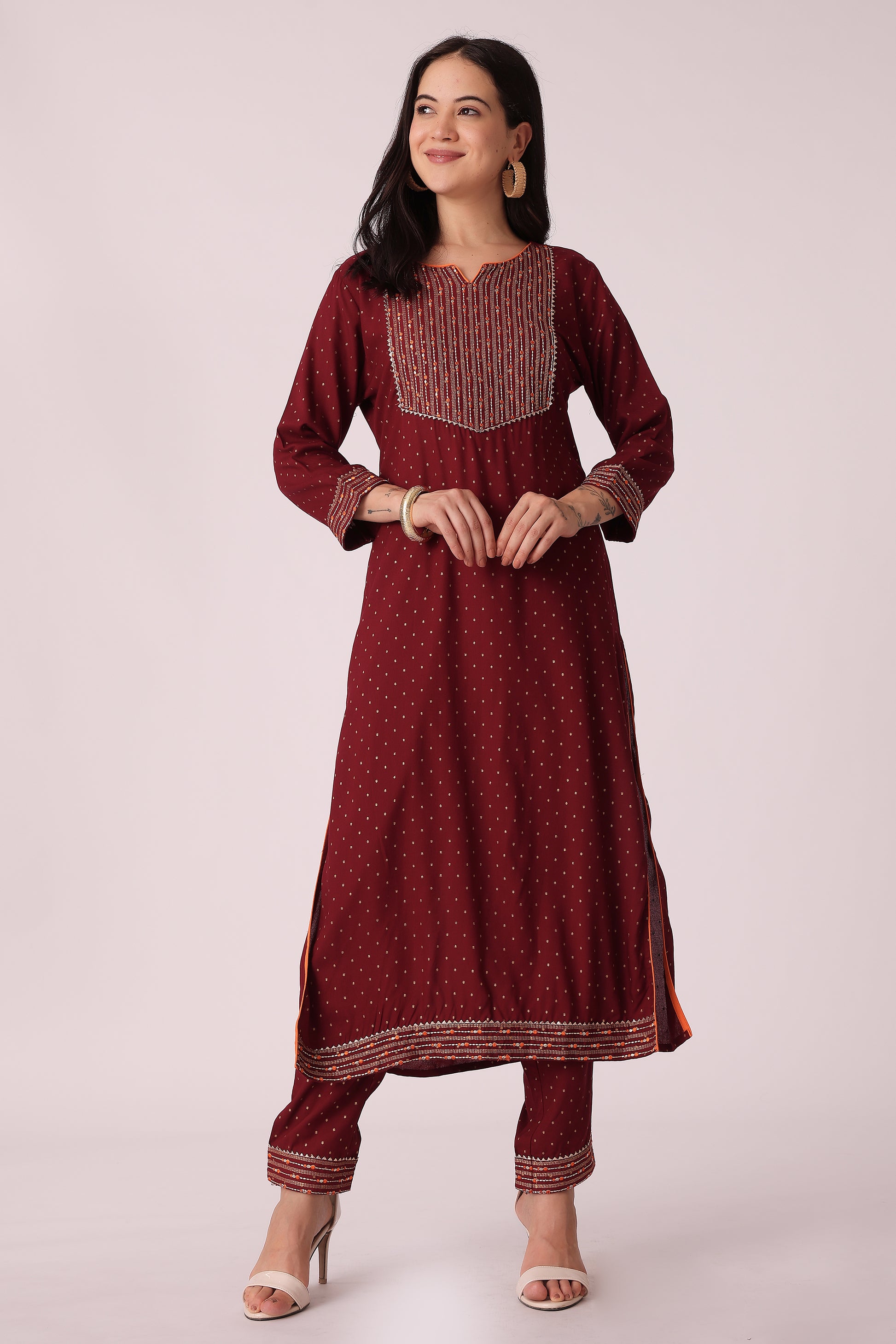 ETHNIC REGULAR FIT EMBROIDERY 2PCS SET - Maroon