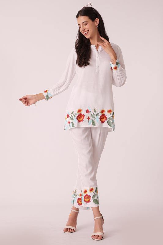ETHNIC STRAIGHT FIT EMBROIDERY CORD SET - White