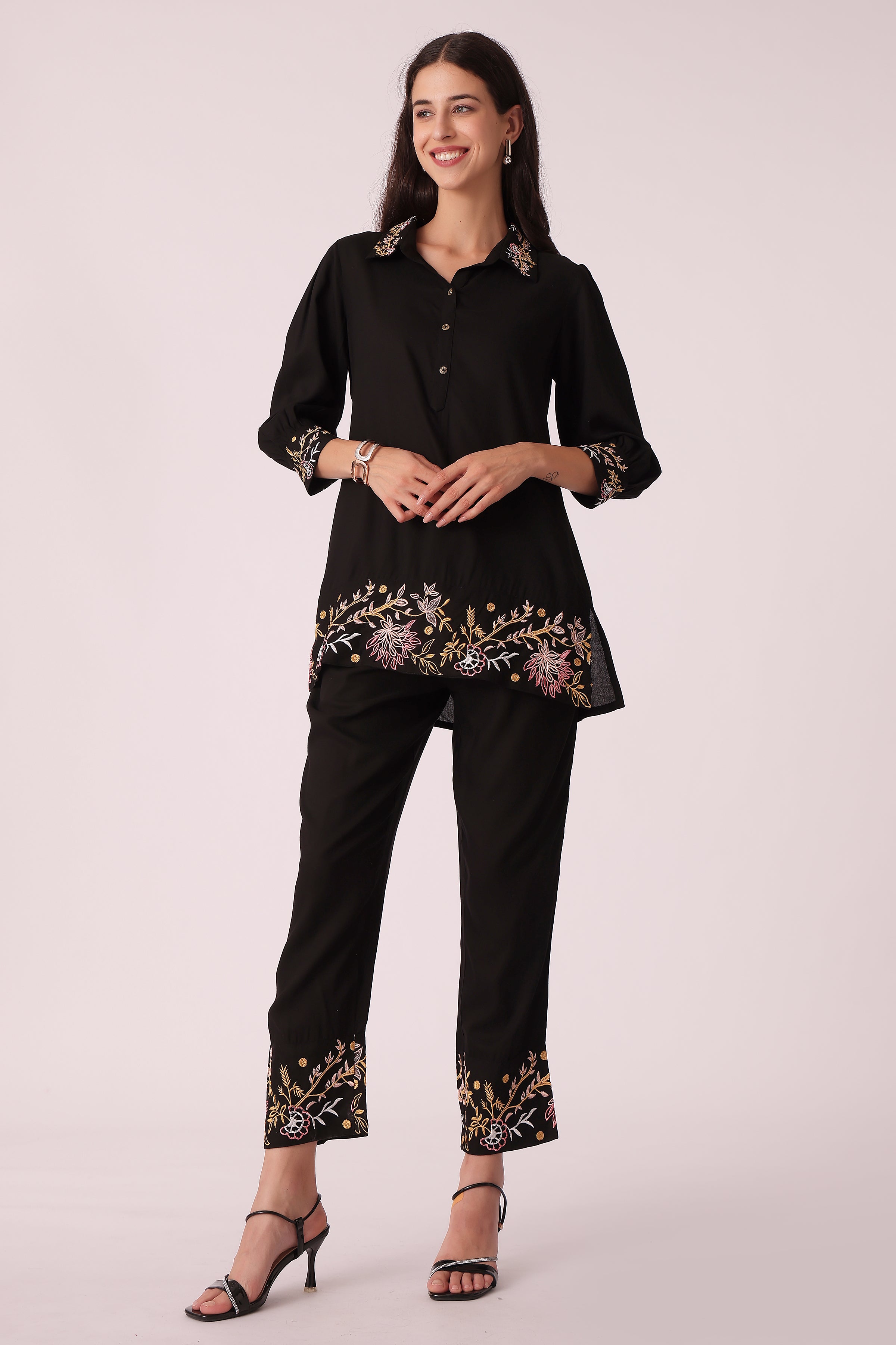 ETHNIC STRAIGHT FIT EMBROIDERY CORD SET - Black
