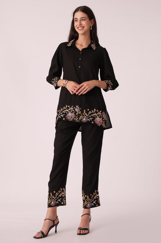 ETHNIC STRAIGHT FIT EMBROIDERY CORD SET - Black