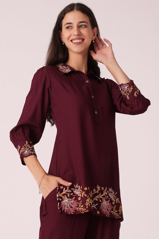 ETHNIC STRAIGHT FIT EMBROIDERY CORD SET - Purple