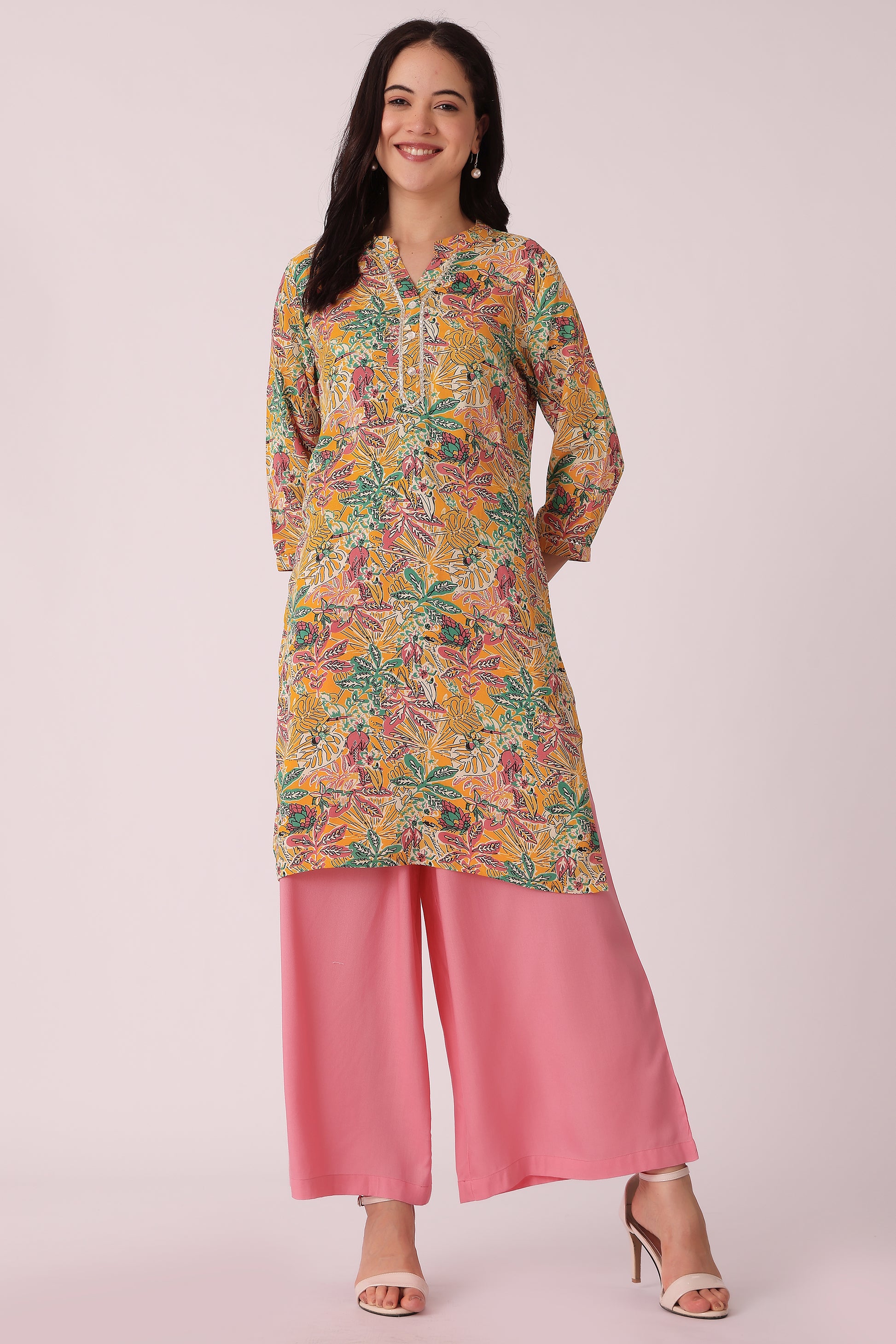 ETHNIC REGULAR FIT ALL OVER PRINT KURTA - Yellow