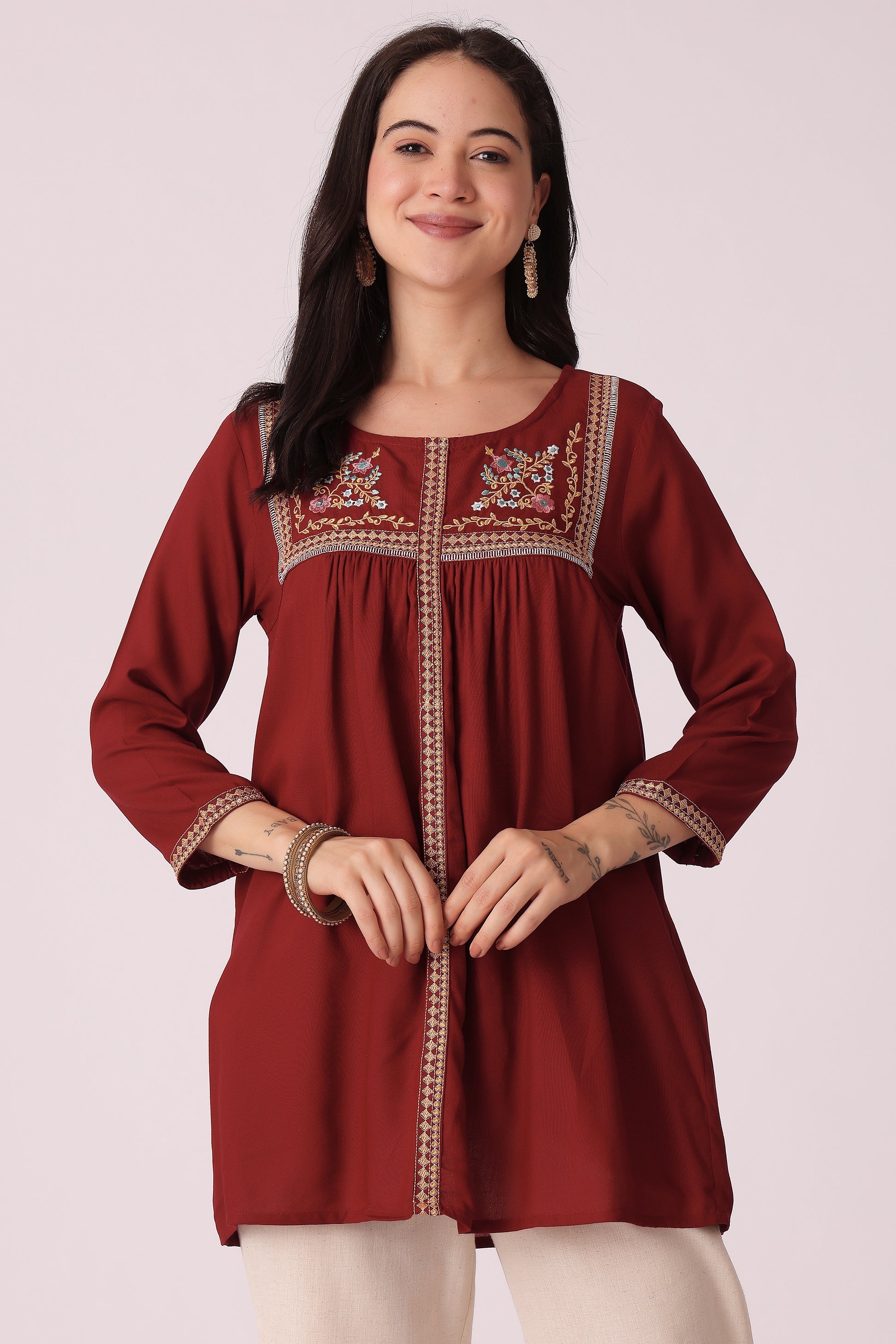 ETHNIC REGULAR FIT EMBROIDERY TUNIC - Maroon