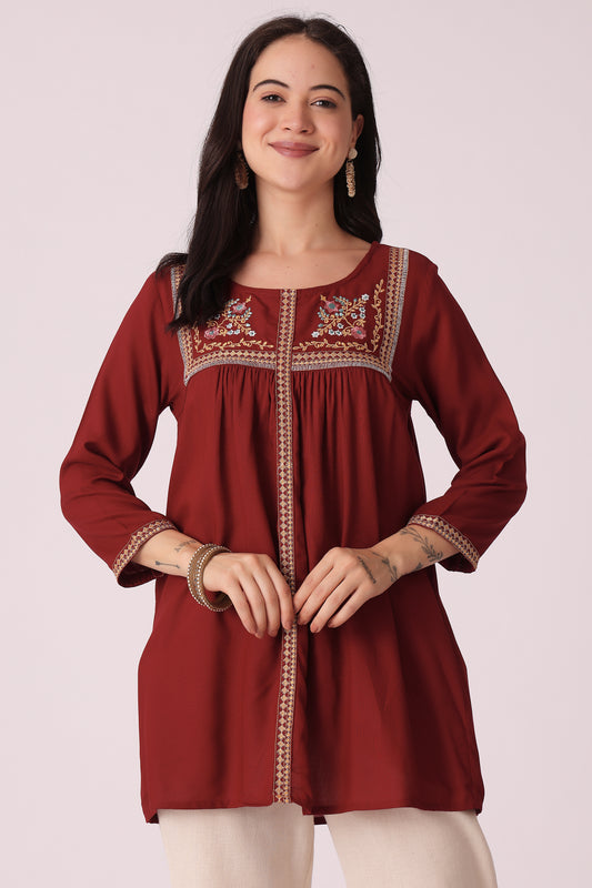 ETHNIC REGULAR FIT EMBROIDERY TUNIC - Maroon
