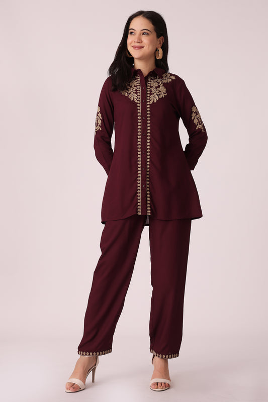 ETHNIC STRAIGHT FIT EMBROIDERY CORD SET - Wine