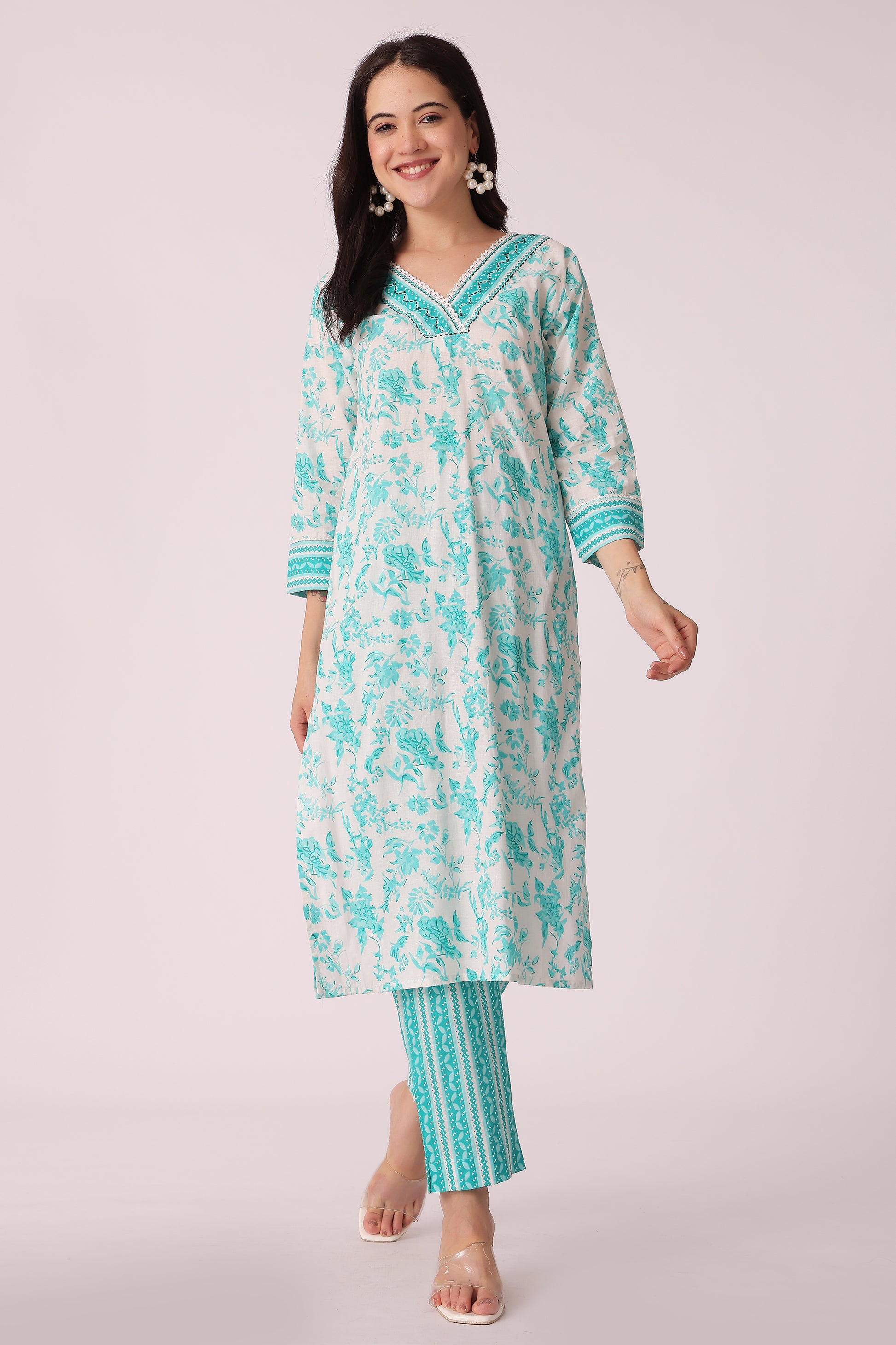 ETHNIC STRAIGHT FIT EMBROIDERY 2PCS SET - Teal
