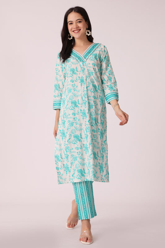 ETHNIC STRAIGHT FIT EMBROIDERY 2PCS SET - Teal