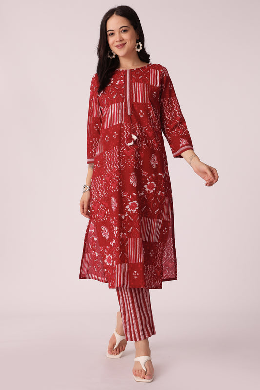 ETHNIC STRAIGHT FIT EMBROIDERY 2PCS SET - Maroon