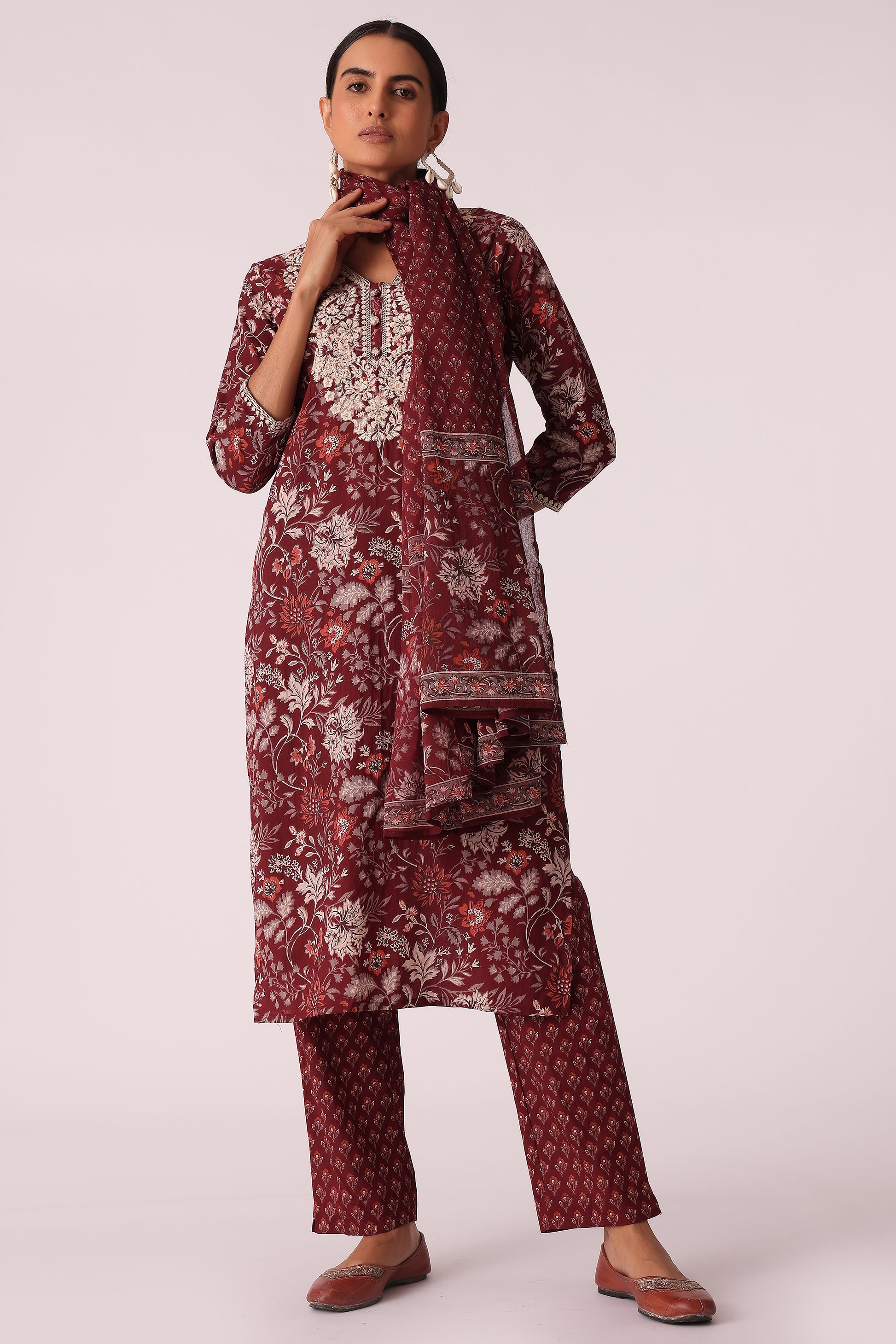 ETHNIC STRAIGHT FIT EMBROIDERY SKD - Wine