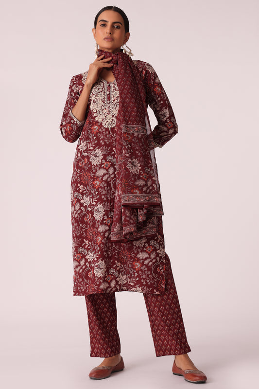 ETHNIC STRAIGHT FIT EMBROIDERY SKD - Wine